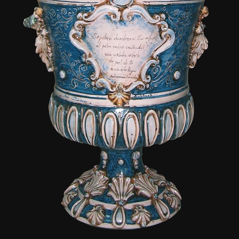 Ceramiche di Caltagirone fatti a mano, vaso blu con decori barocchi e scritte artistiche