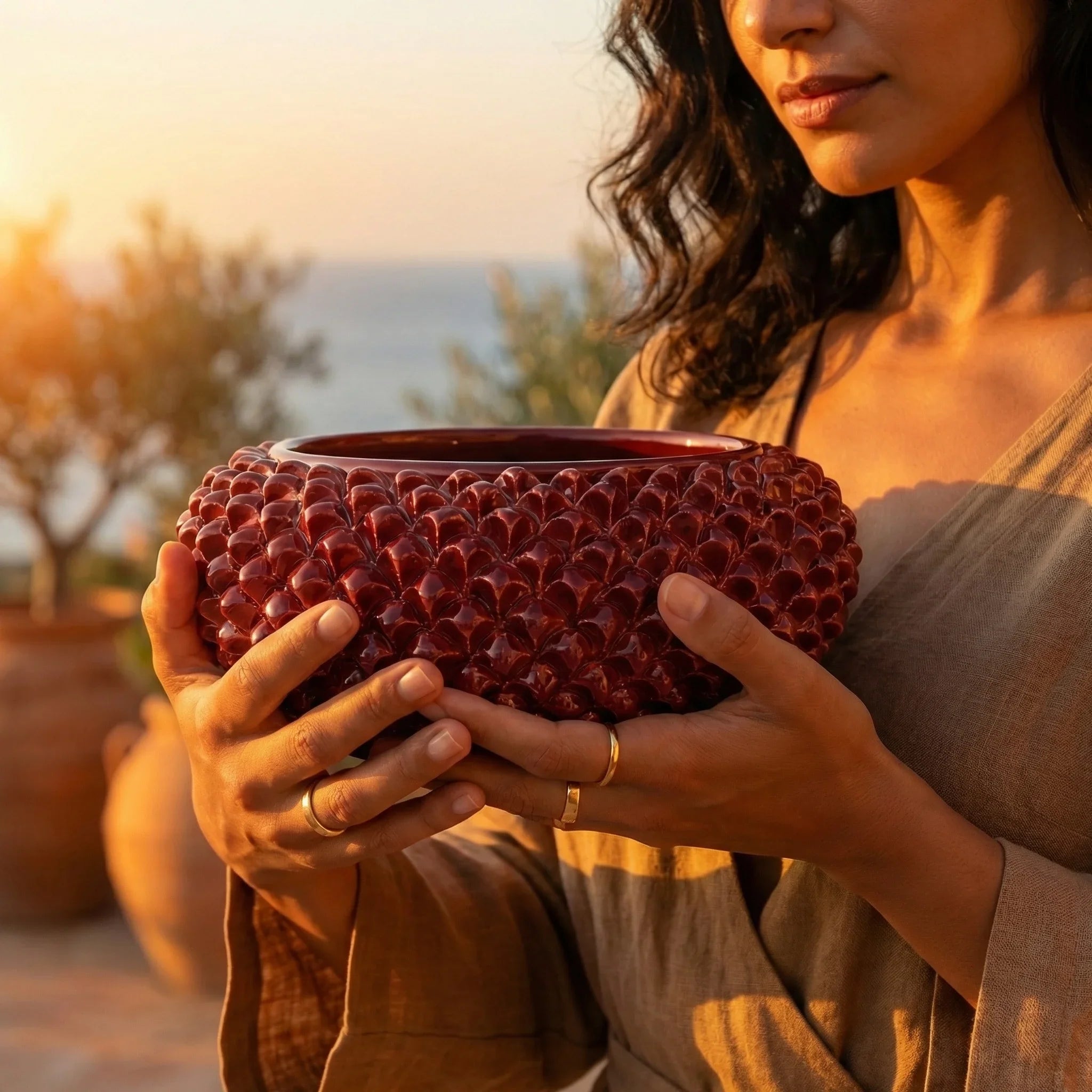 Centrotavola a Pigna in Ceramica di Caltagirone Ø 25/33 cm - Bordeaux