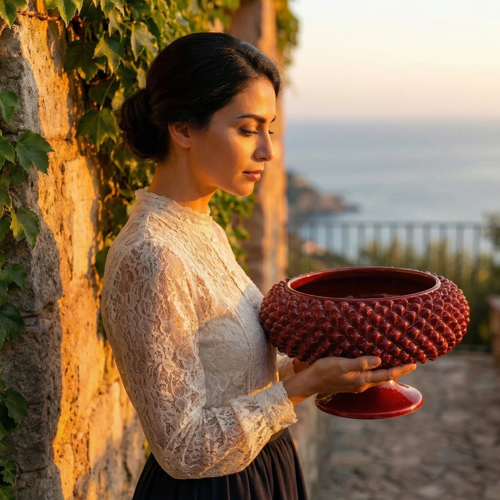 Alzata a Pigna in Ceramica di Caltagirone Ø 25/33 cm - Bordeaux