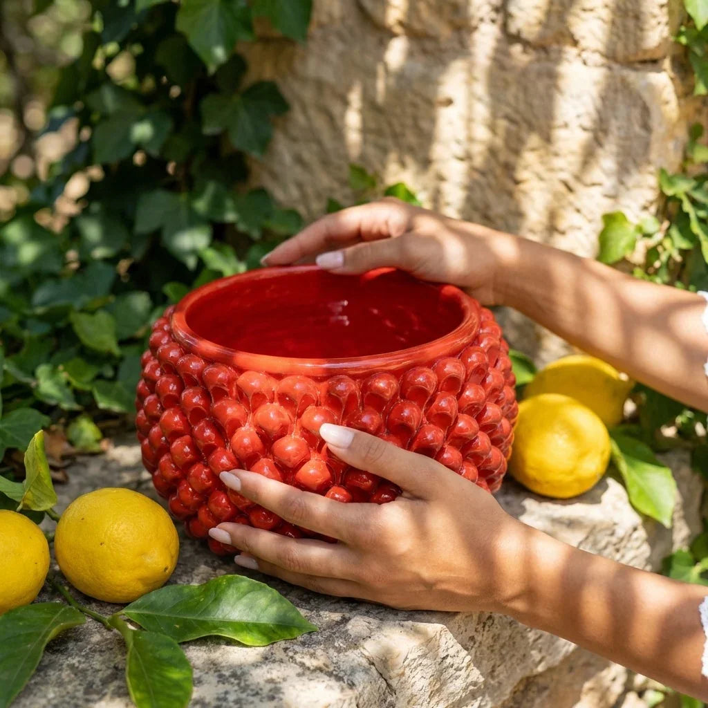Vaso Mezza Pigna Senza Piede in Ceramica di Caltagirone - Rosso Fuoco