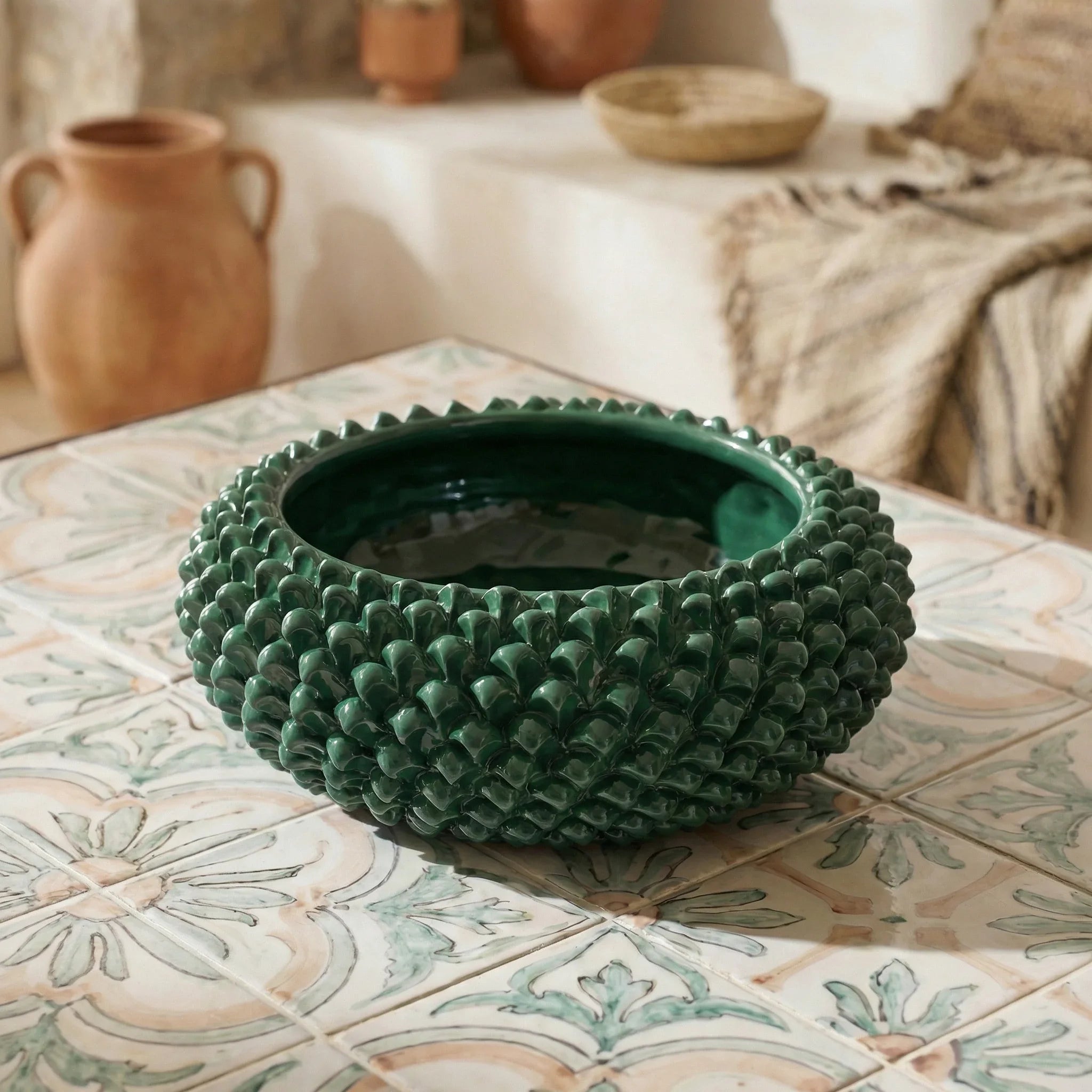 Centrotavola a Pigna in Ceramica di Caltagirone Ø 25/33 cm - Verde Antico