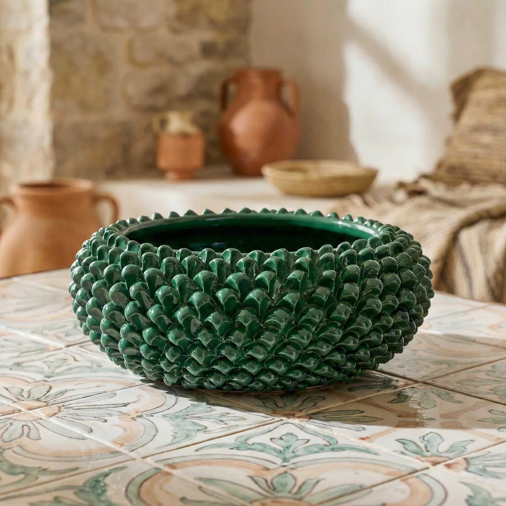 Centrotavola a Pigna in Ceramica di Caltagirone Ø 25/33 cm - Verde Antico
