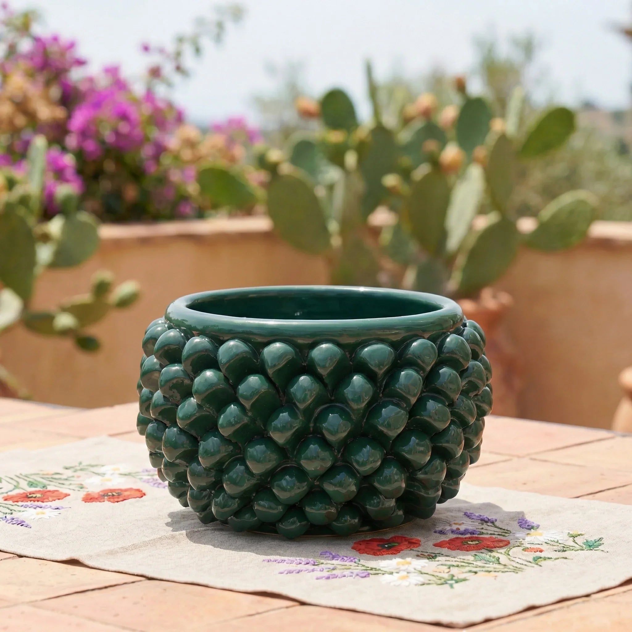 Vaso Mezza Pigna Senza Piede in Ceramica di Caltagirone - Verde Antico