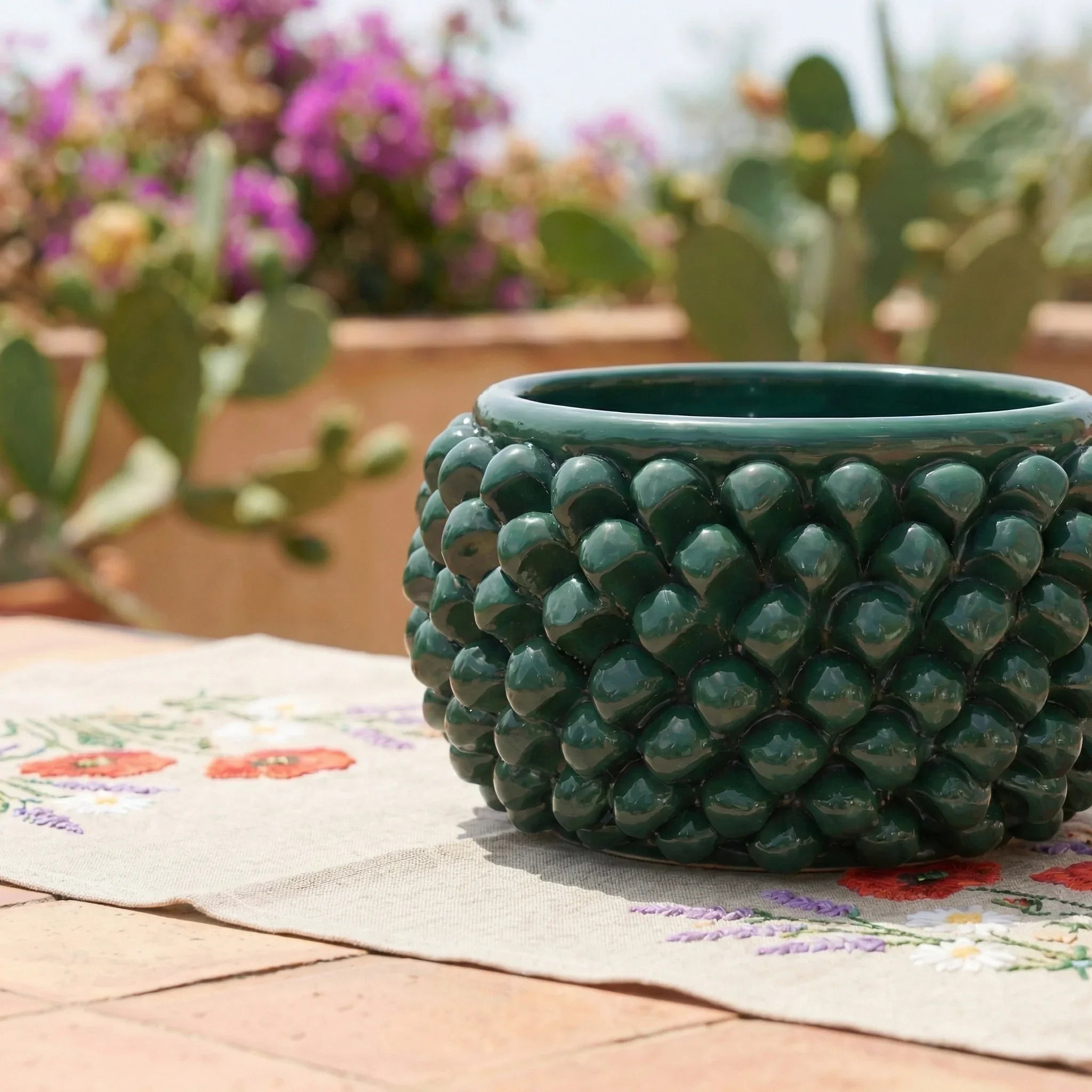 Vaso Mezza Pigna Senza Piede in Ceramica di Caltagirone - Verde Antico