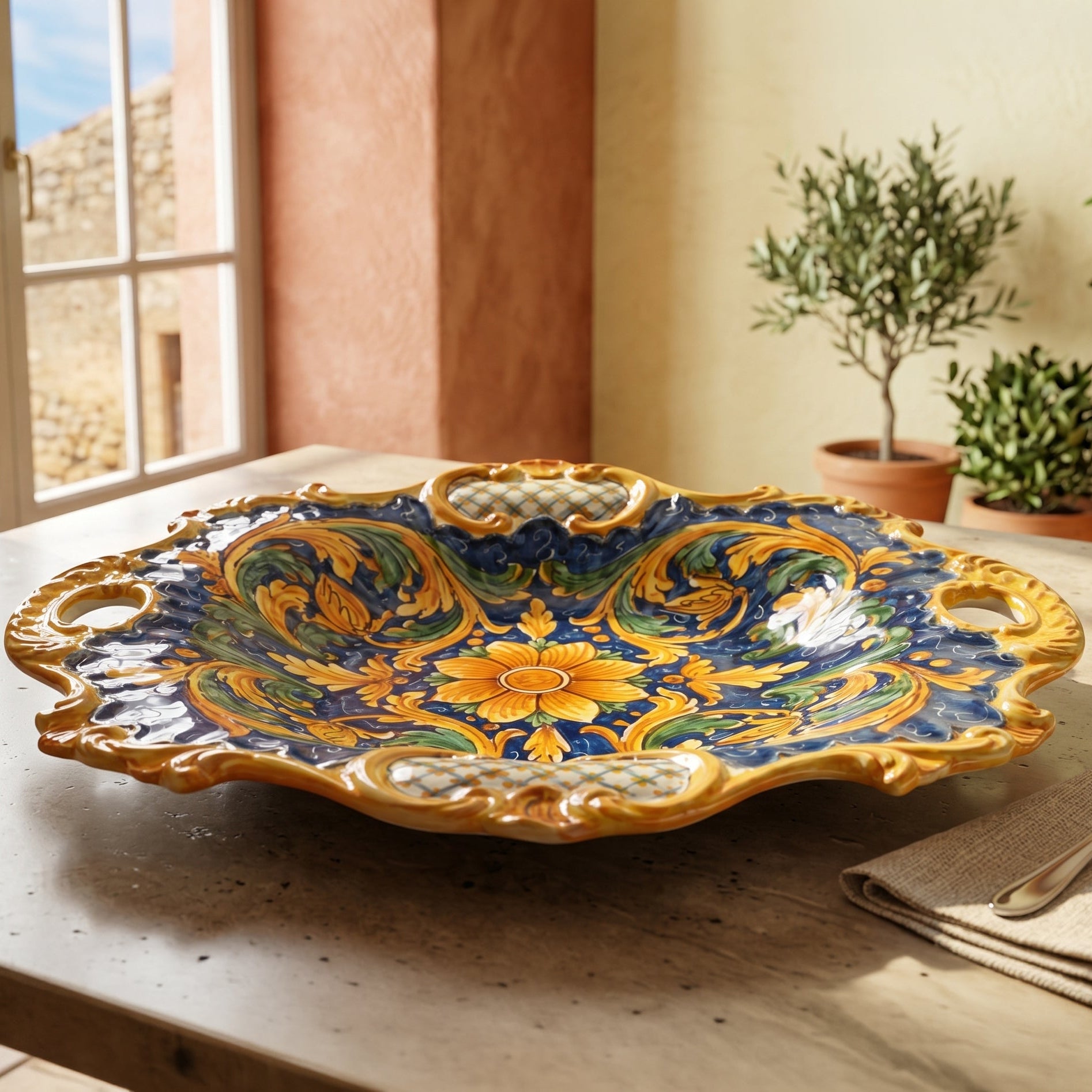 Centrotavola Barocco in Ceramica di Caltagirone 38×33 cm - Ornato Calatino
