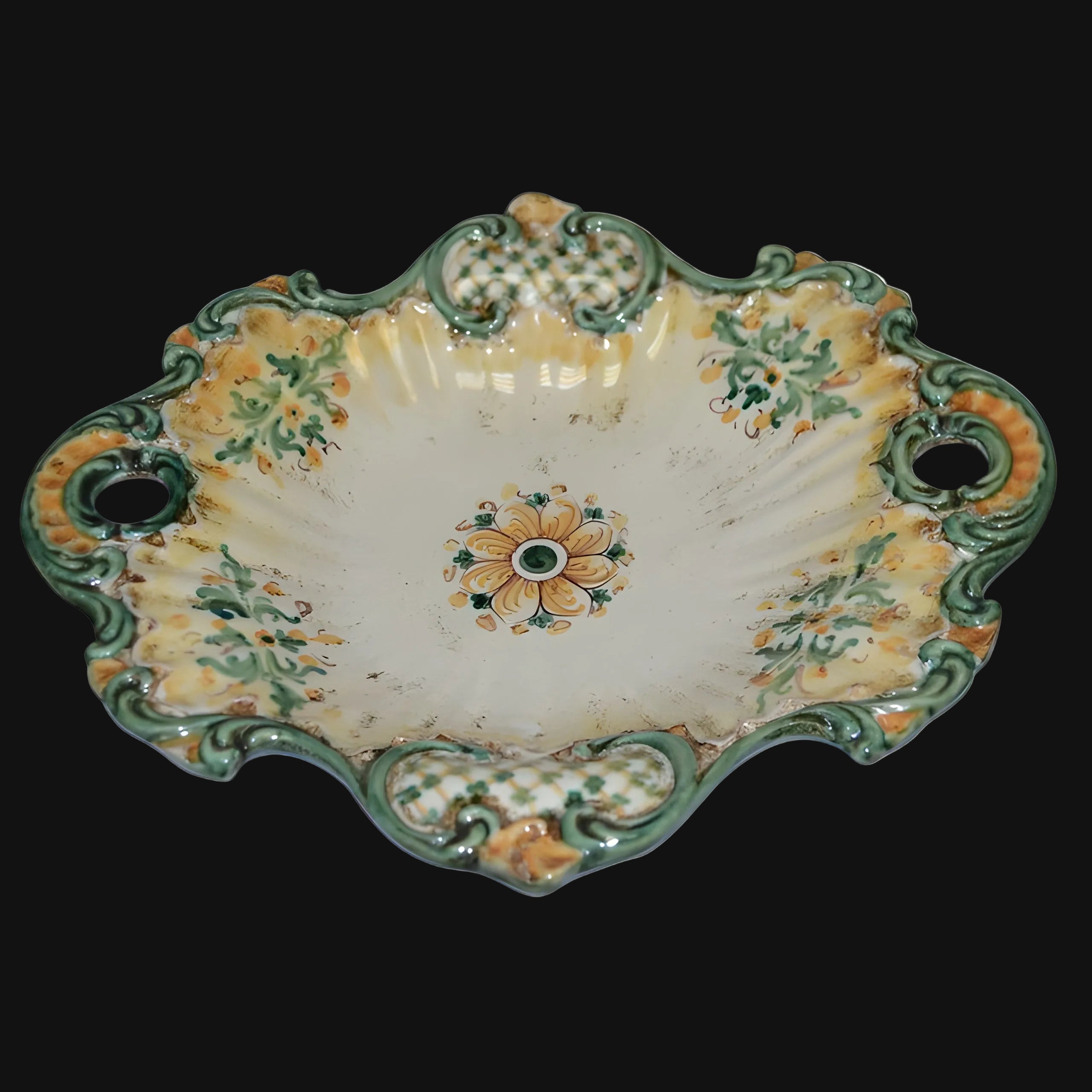 Centrotavola Barocco in Ceramica di Caltagirone 38×33 cm - Verde e Arancio, Serie d'Arte
