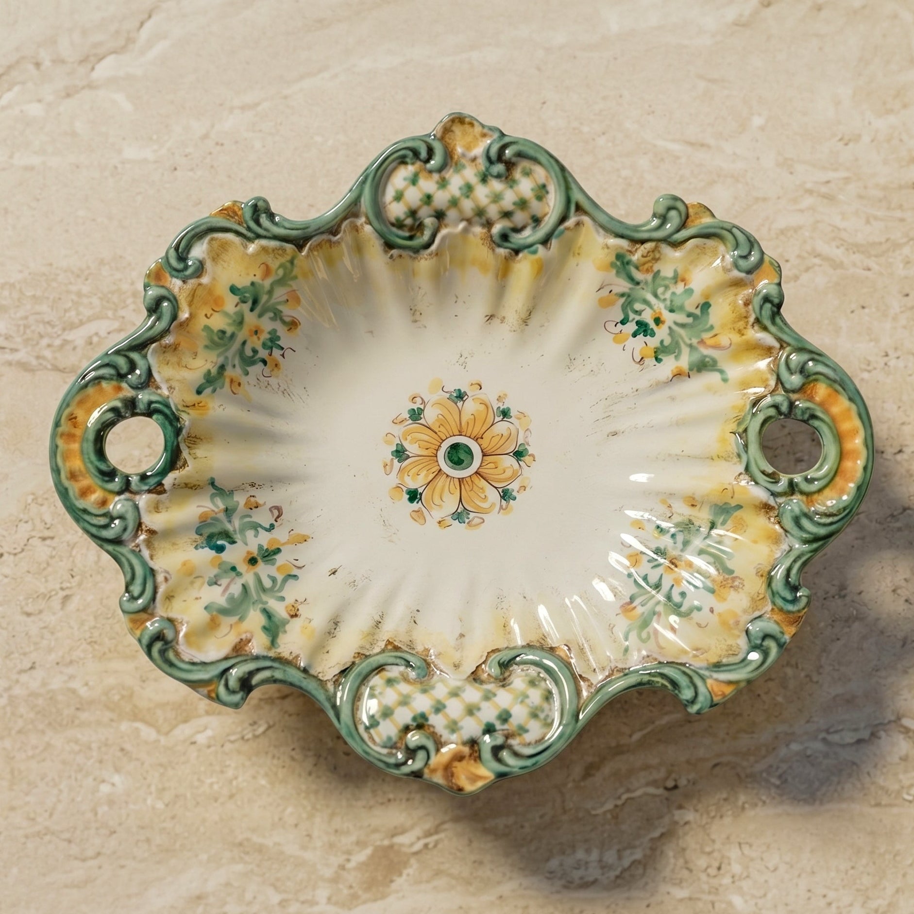 Centrotavola Barocco in Ceramica di Caltagirone 38×33 cm - Verde e Arancio, Serie d'Arte