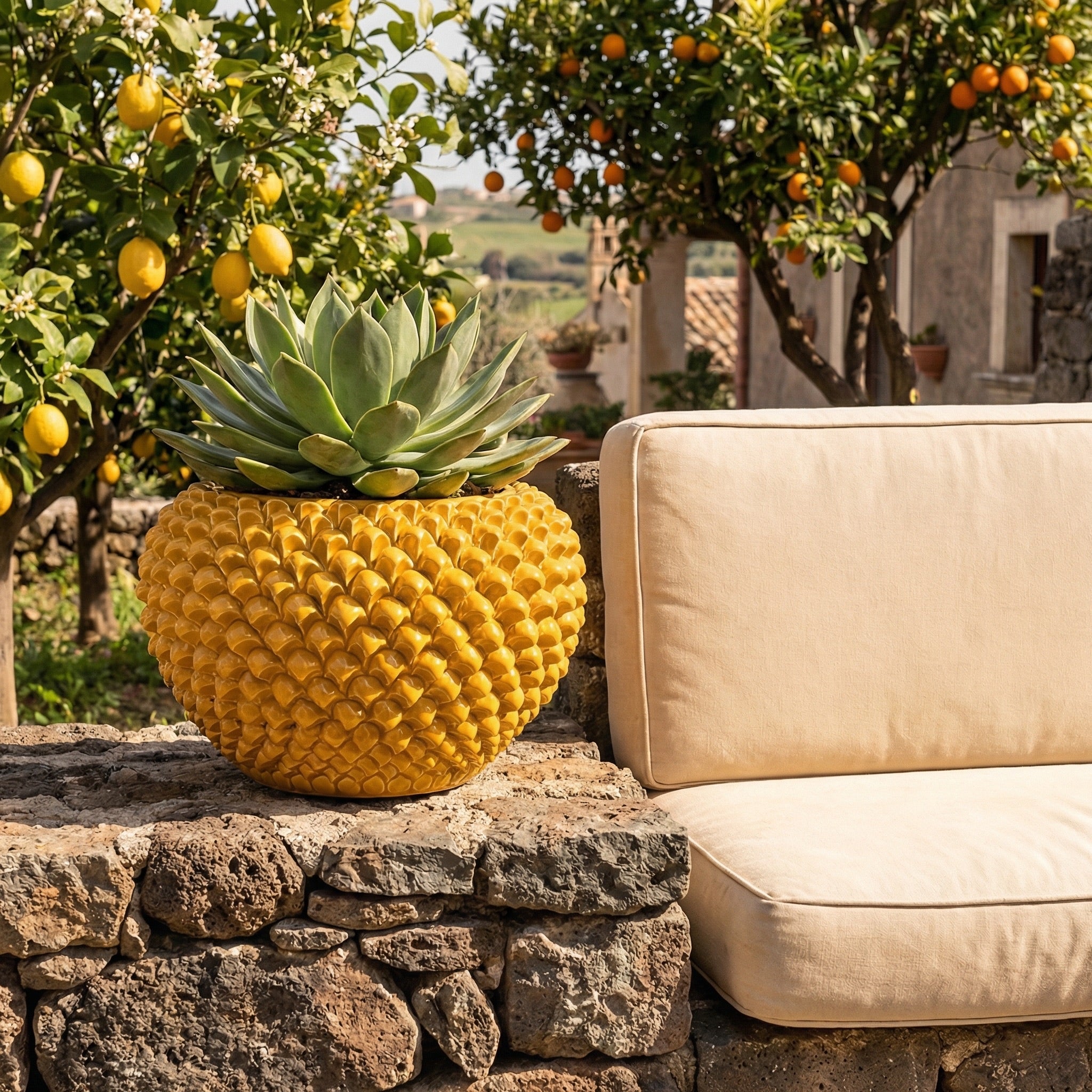 Cachepot a Pigna in Ceramica di Caltagirone - Senape