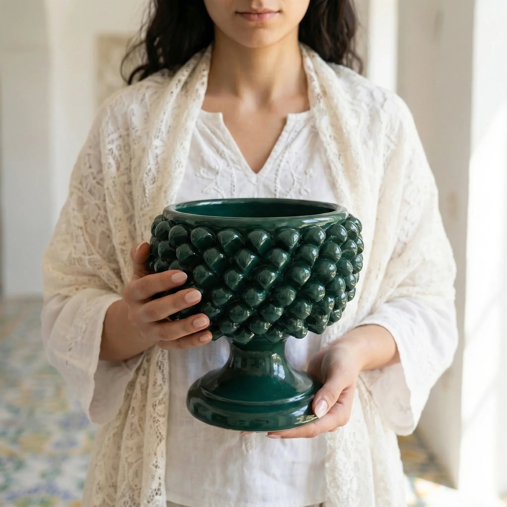 Vaso Mezza Pigna in Ceramica di Caltagirone - Verde Antico