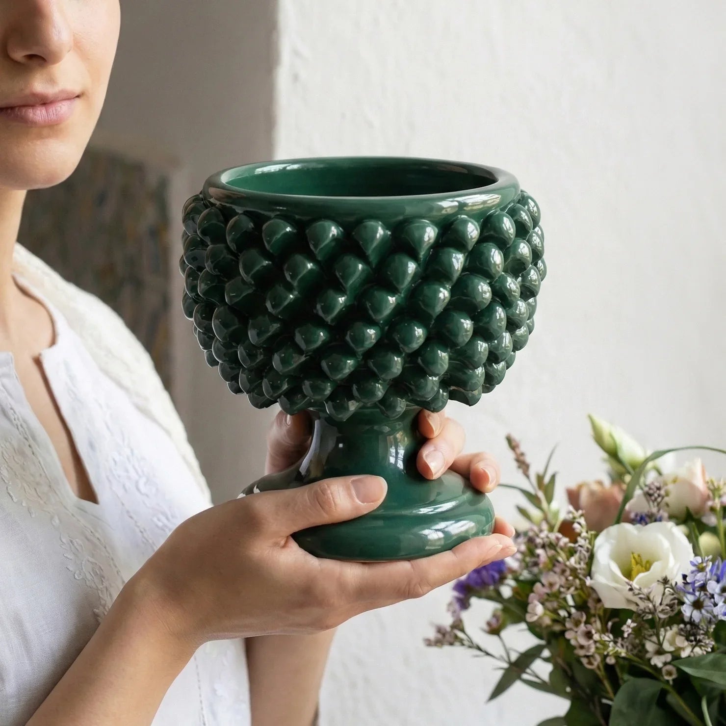 Vaso Mezza Pigna in Ceramica di Caltagirone - Verde Antico