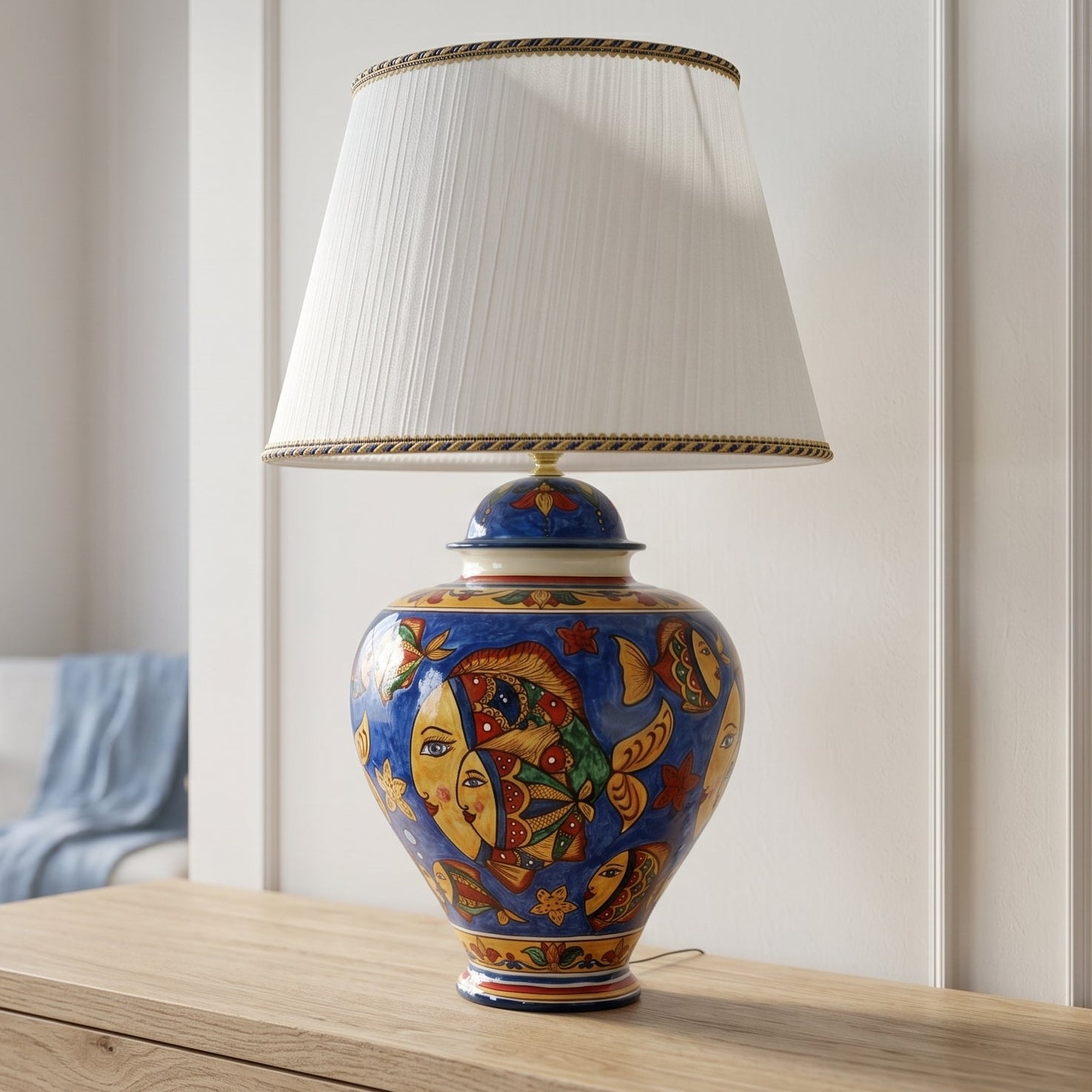 Lume Potiche in Ceramica di Caltagirone - Decoro Pesci, Fondo Blu