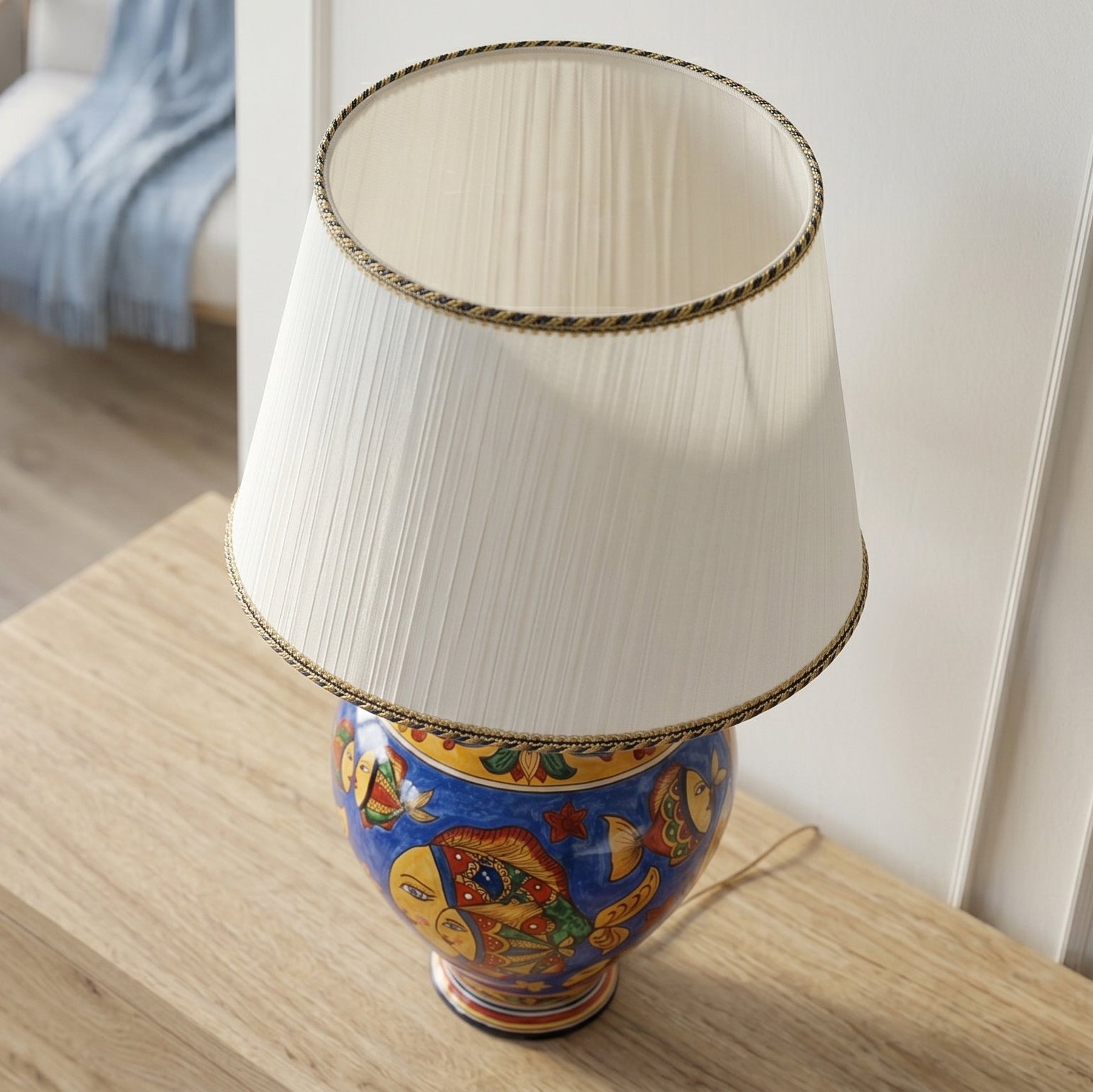 Lume Potiche in Ceramica di Caltagirone - Decoro Pesci, Fondo Blu