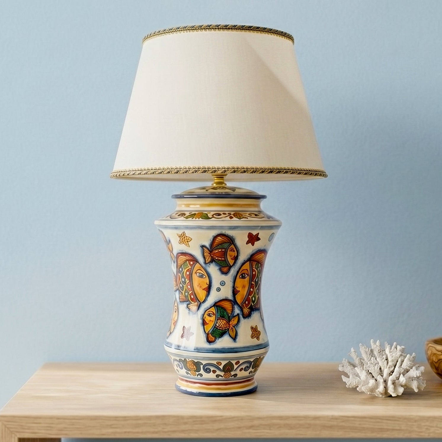 Lume Albarello in Ceramica di Caltagirone h 35 cm - Decoro Pesci