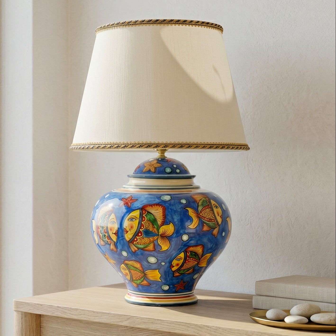 Lume Palla in Ceramica di Caltagirone - Decoro Pesci, Fondo Blu