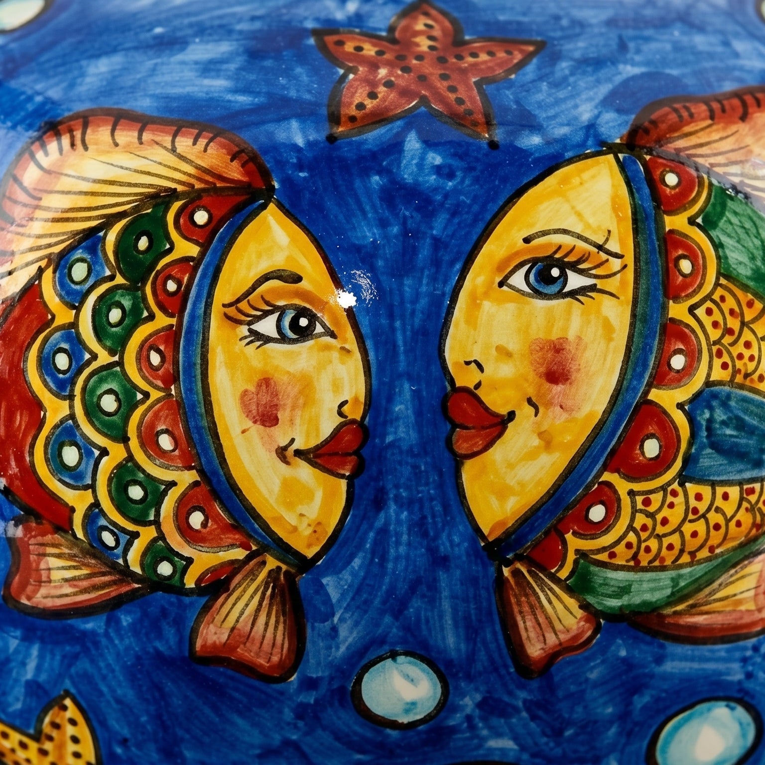 Lume Palla in Ceramica di Caltagirone - Decoro Pesci, Fondo Blu