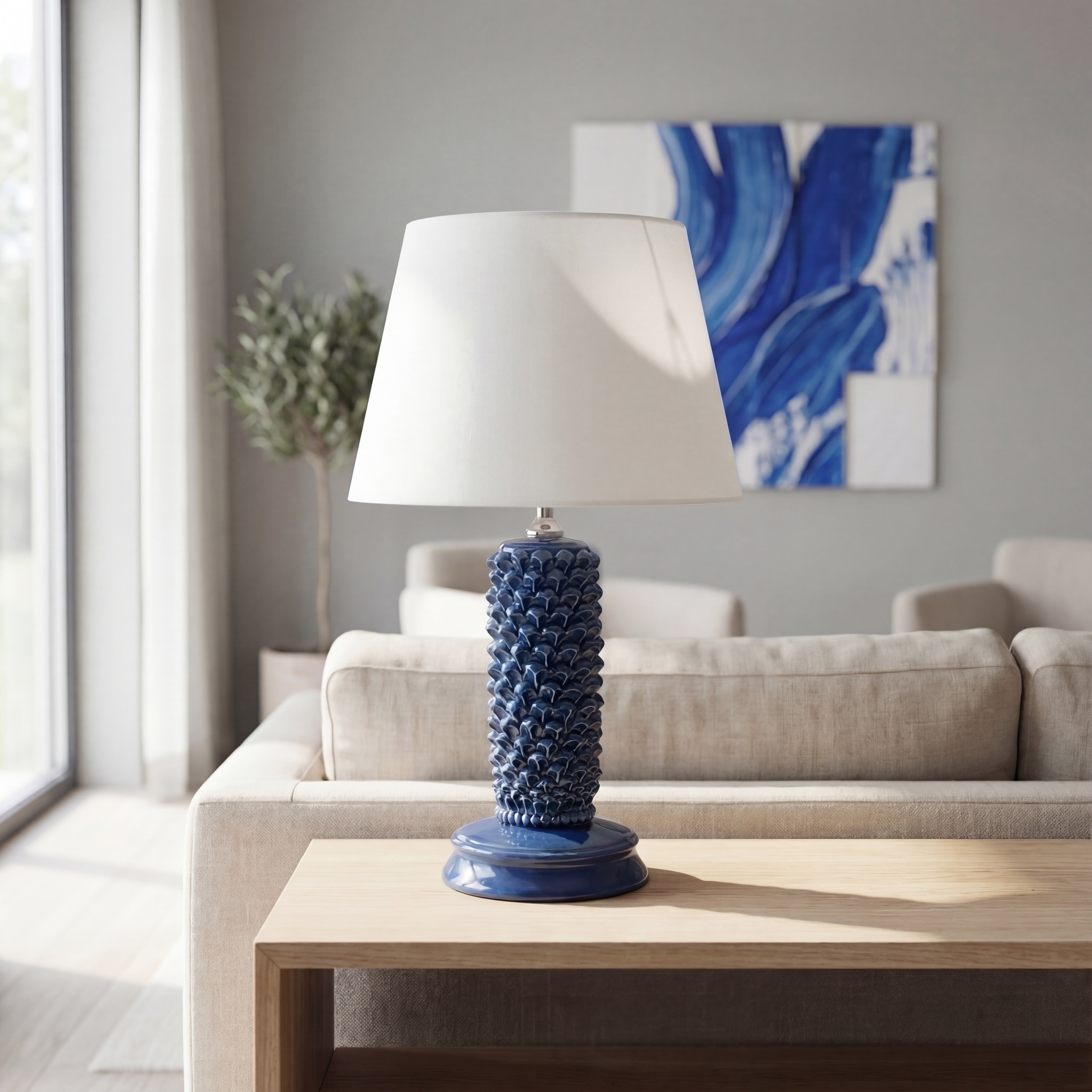 Lume Pigna Cilindro in Ceramica di Caltagirone h 60 cm - Blu Intenso