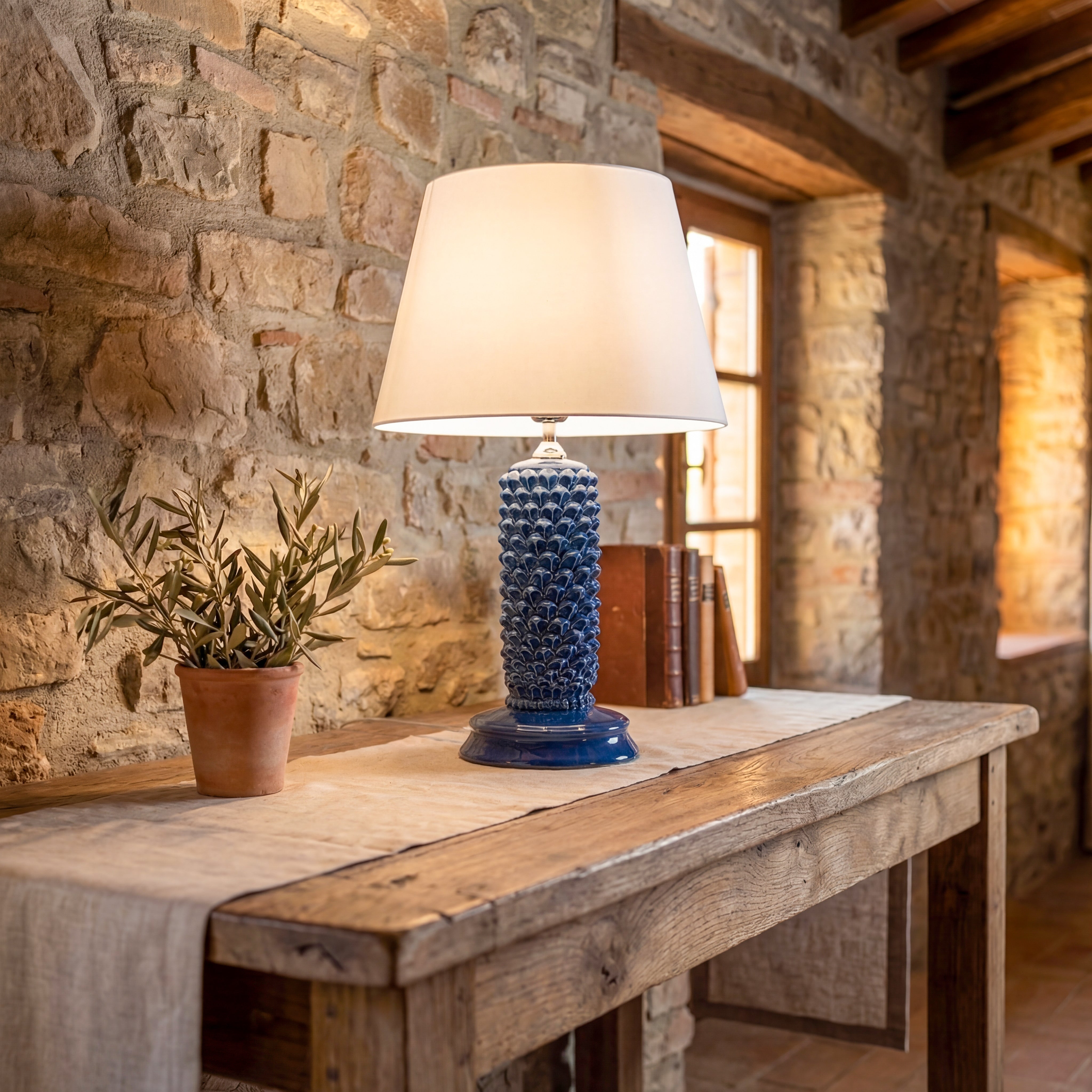 Lume Pigna Cilindro in Ceramica di Caltagirone h 60 cm - Blu Intenso