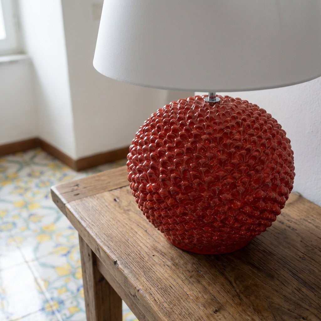 Lume a Palla Pigna in Ceramica di Caltagirone - Rosso Fuoco