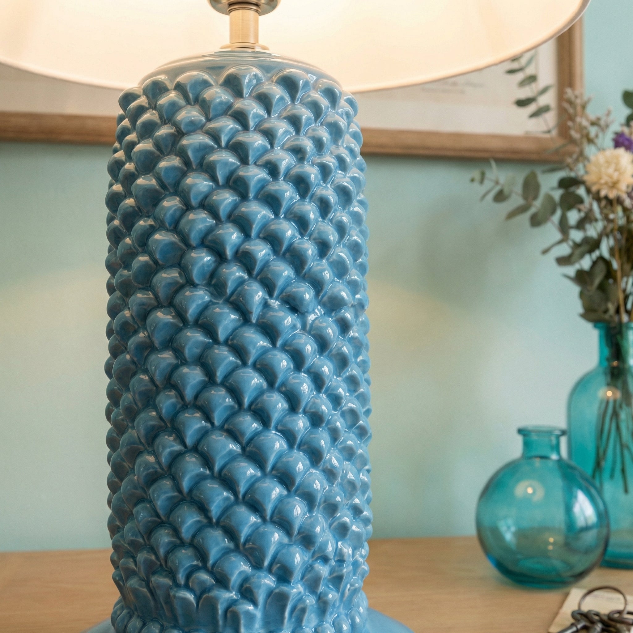 Lume Pigna Cilindro in Ceramica di Caltagirone h 60 cm - Turchese