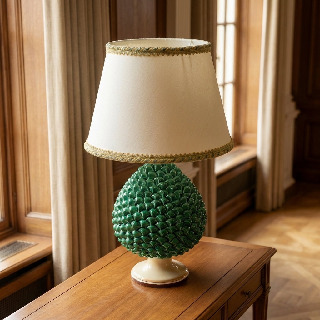 Lampada in ceramiche di Caltagirone fatta a mano con base verde a pigna