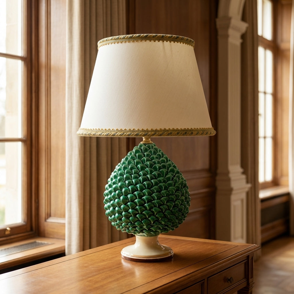 Lampada in ceramiche di Caltagirone fatta a mano con base verde a pigna