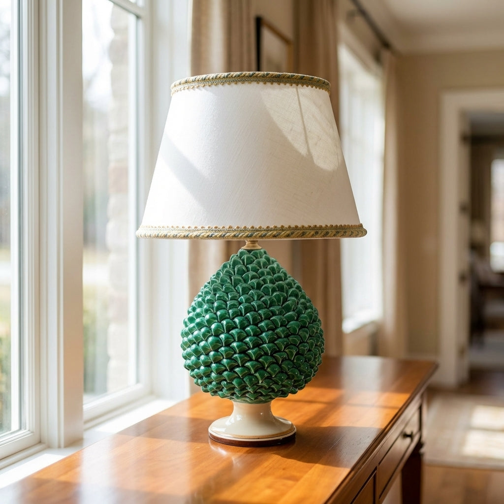 Lampada in ceramiche di Caltagirone fatta a mano con base verde a pigna