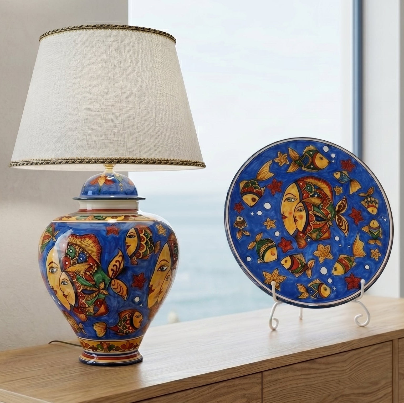 Piatto Ornamentale in Ceramica di Caltagirone - Decoro Pesci, Fondo Blu