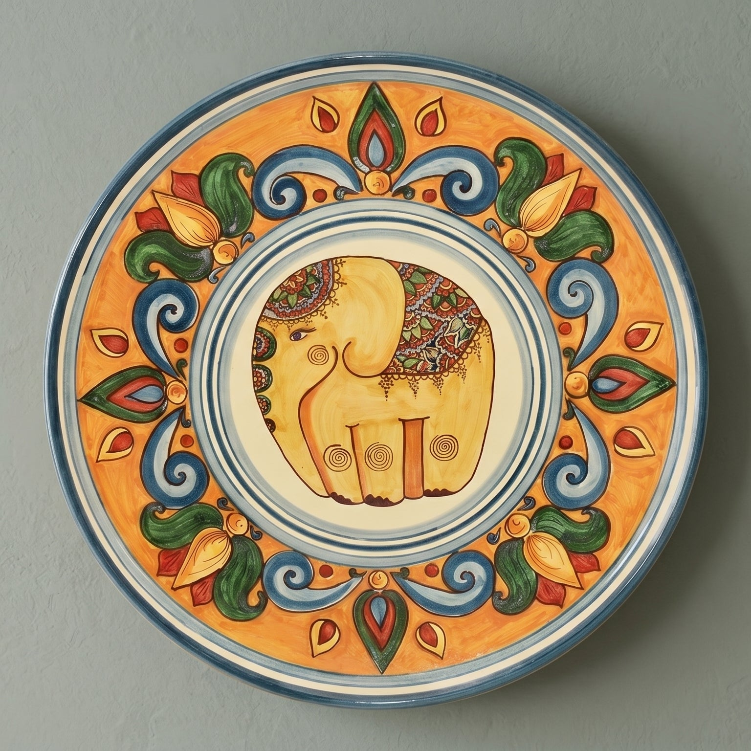 Piatto Ornamentale in Ceramica di Caltagirone - Decoro Elefante, Fondo Arancio