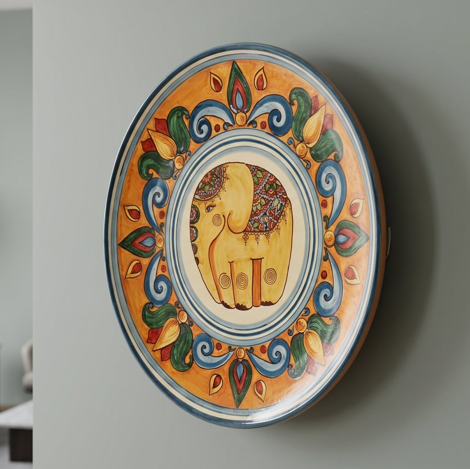 Piatto Ornamentale in Ceramica di Caltagirone - Decoro Elefante, Fondo Arancio