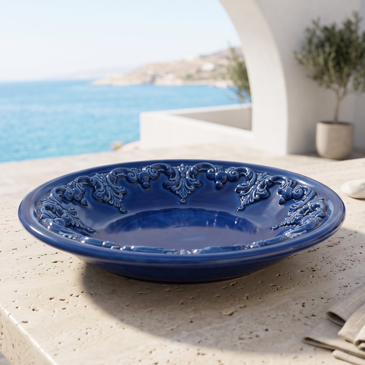 Piatto Svuota Tasche in Ceramica di Caltagirone Ø 30 cm - Plastico Sofia, Blu Intenso