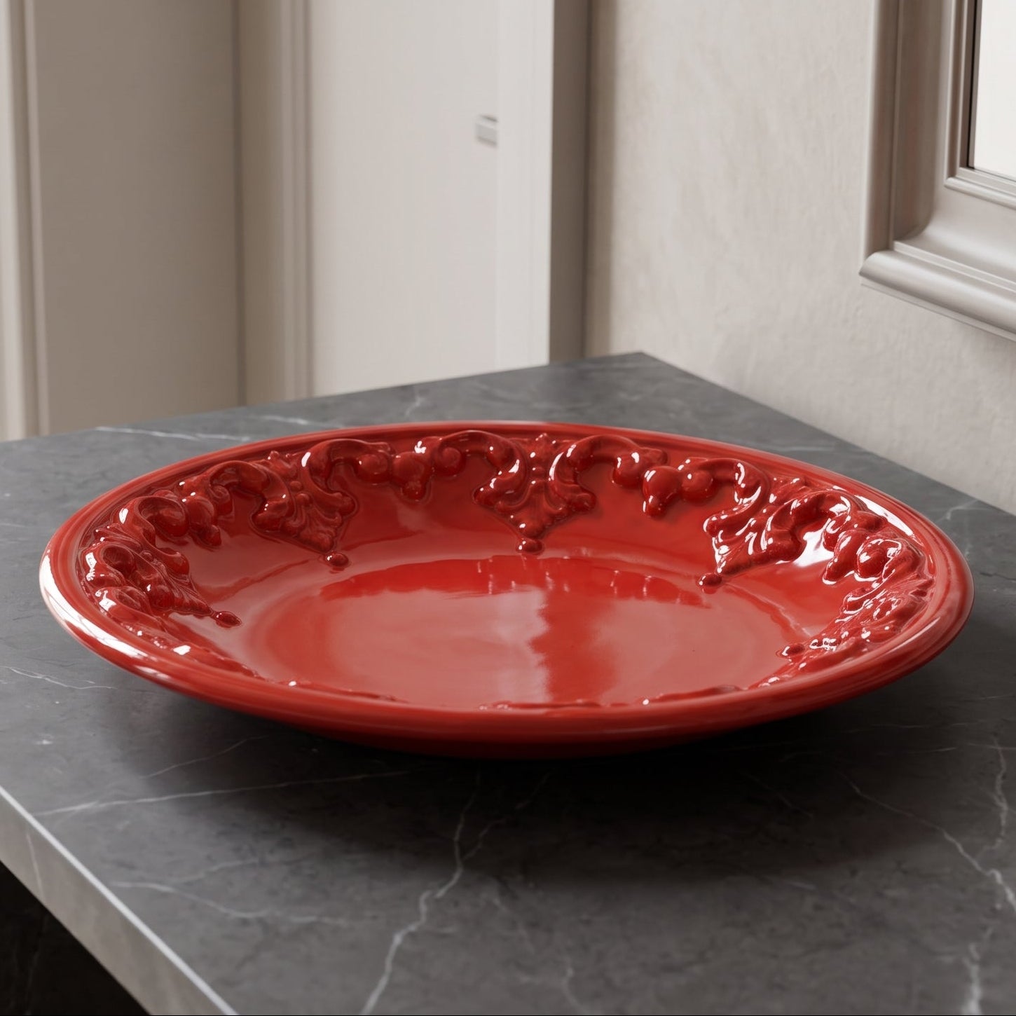 Piatto Svuota Tasche in Ceramica di Caltagirone Ø 30 cm - Plastico Sofia, Rosso Fuoco