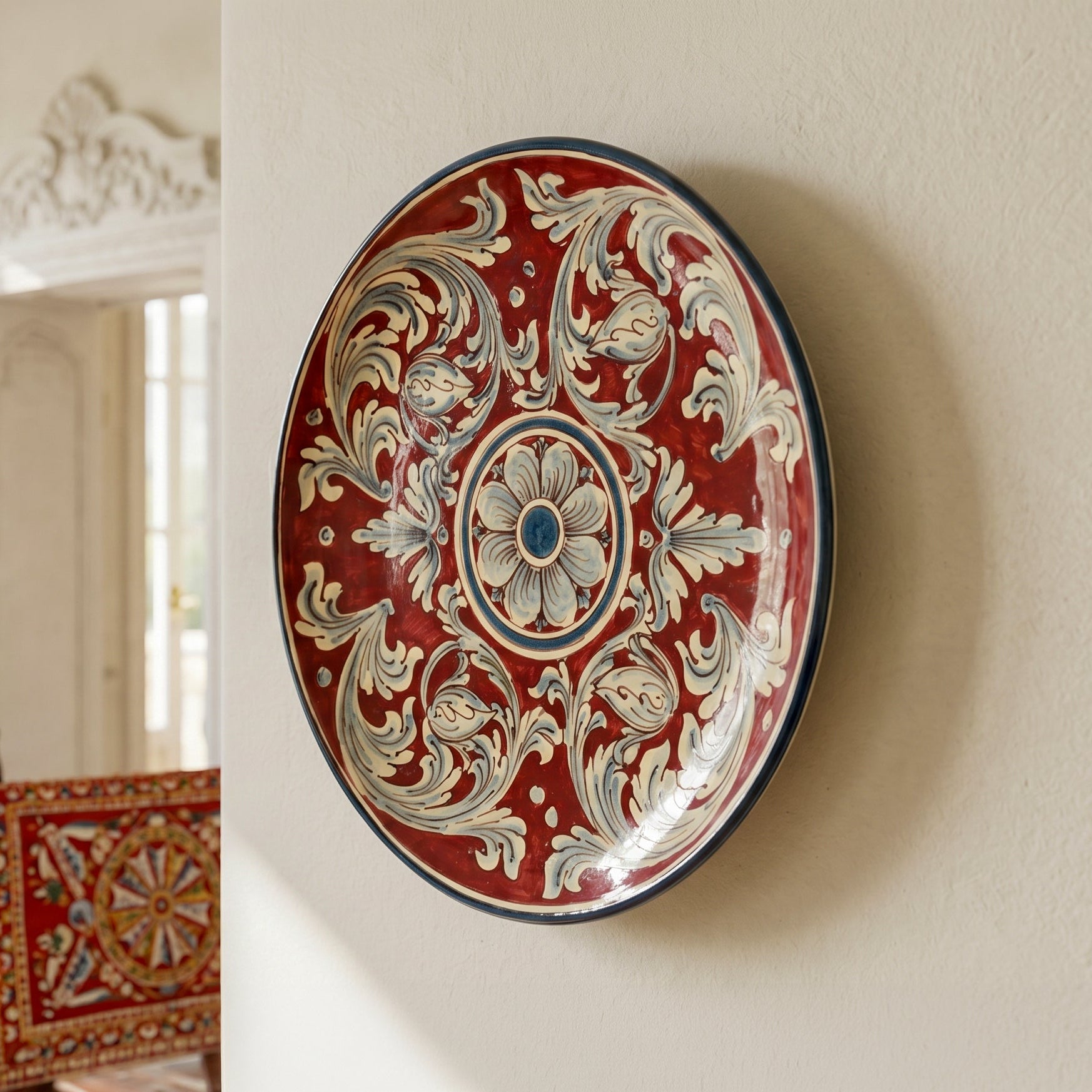 Piatto Ornamentale in Ceramica di Caltagirone - Ornato Blu e Bordeaux