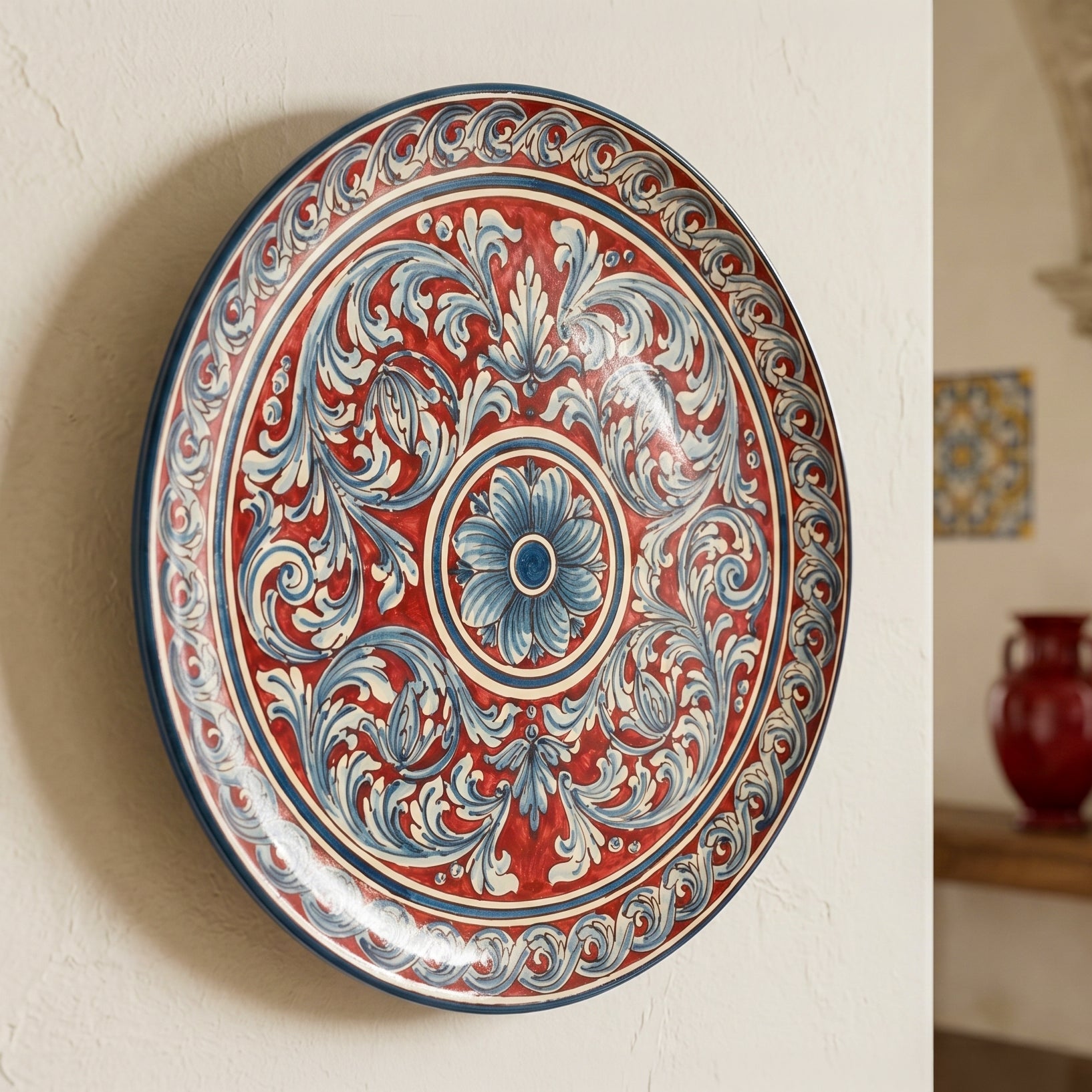 Piatto Ornamentale in Ceramica di Caltagirone - Ornato Blu e Bordeaux