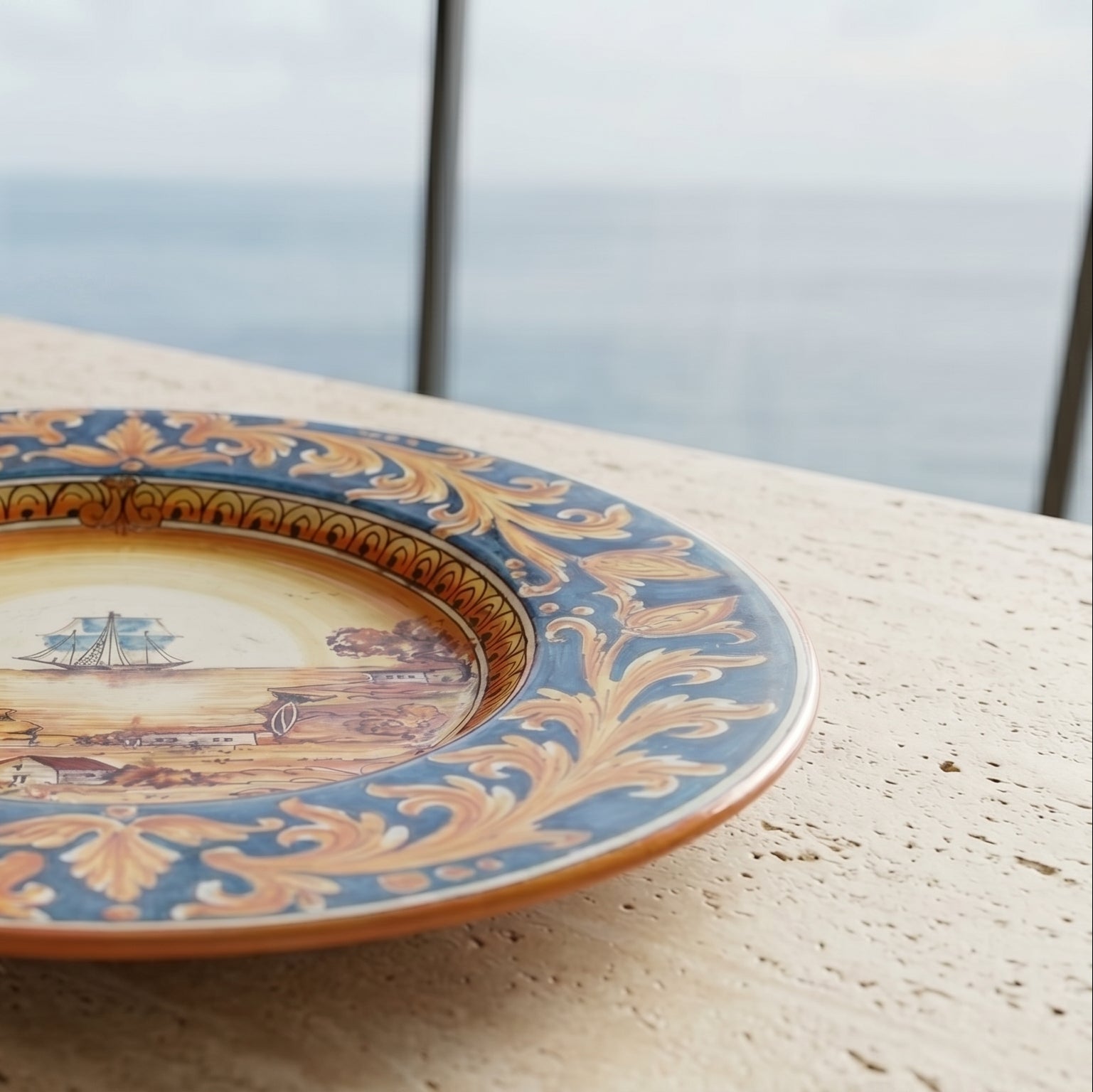 Piatto Cappello Prete in Ceramica di Caltagirone - Veliero, Ornato Fondo Blu