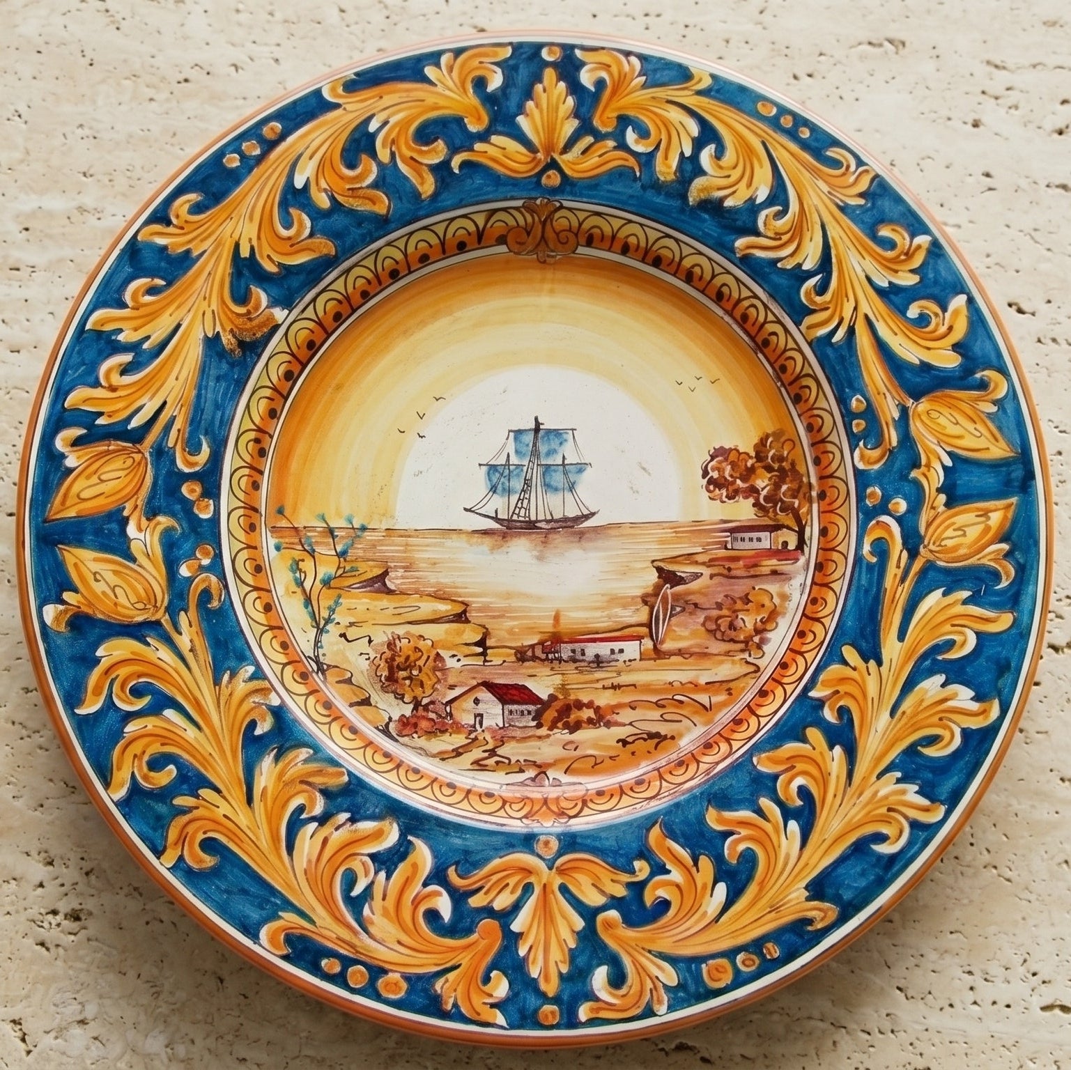 Piatto Cappello Prete in Ceramica di Caltagirone - Veliero, Ornato Fondo Blu