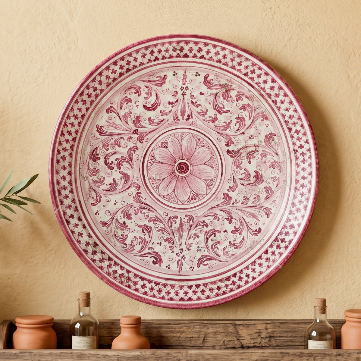 Piatto Ornamentale in Ceramica di Caltagirone - Mono Bordeaux, Serie d'Arte