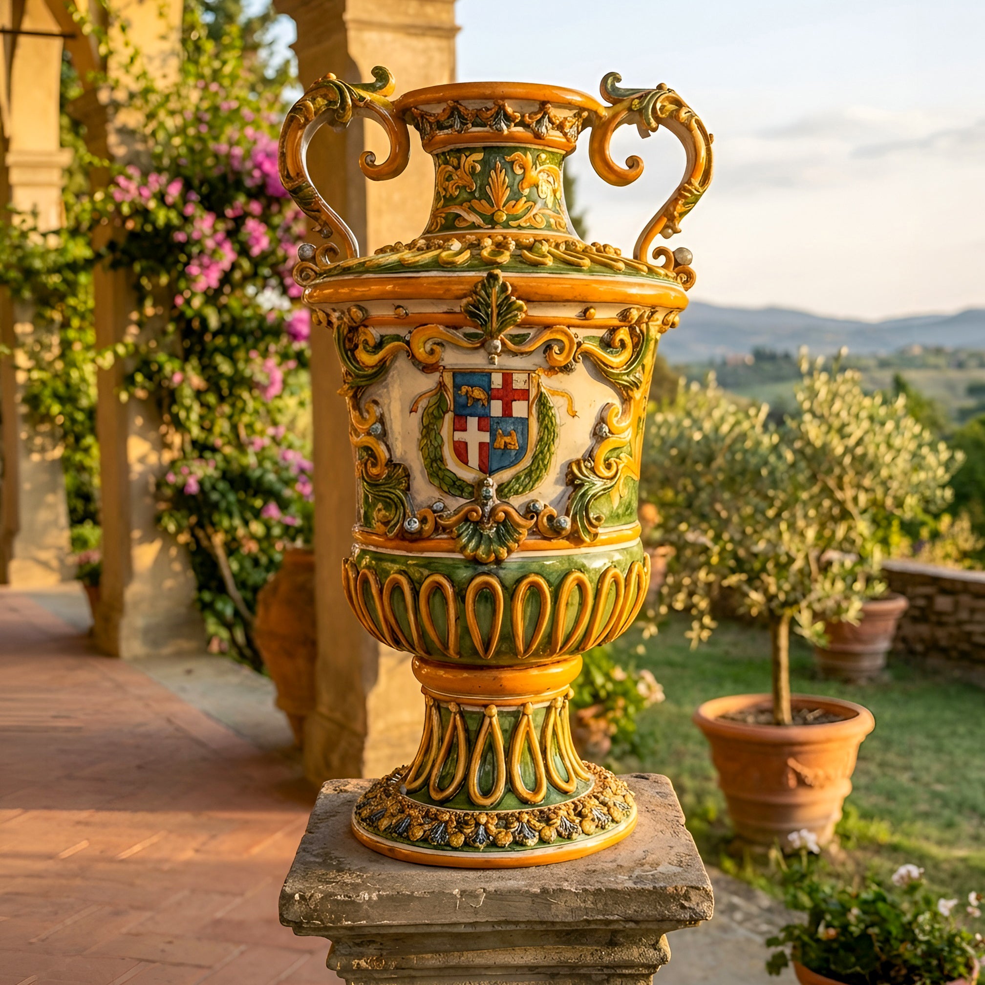 Vaso Monumentale in Ceramica di Caltagirone h 60 cm - Ornato Fondo Verde, Stemma Malta, Serie Limitata