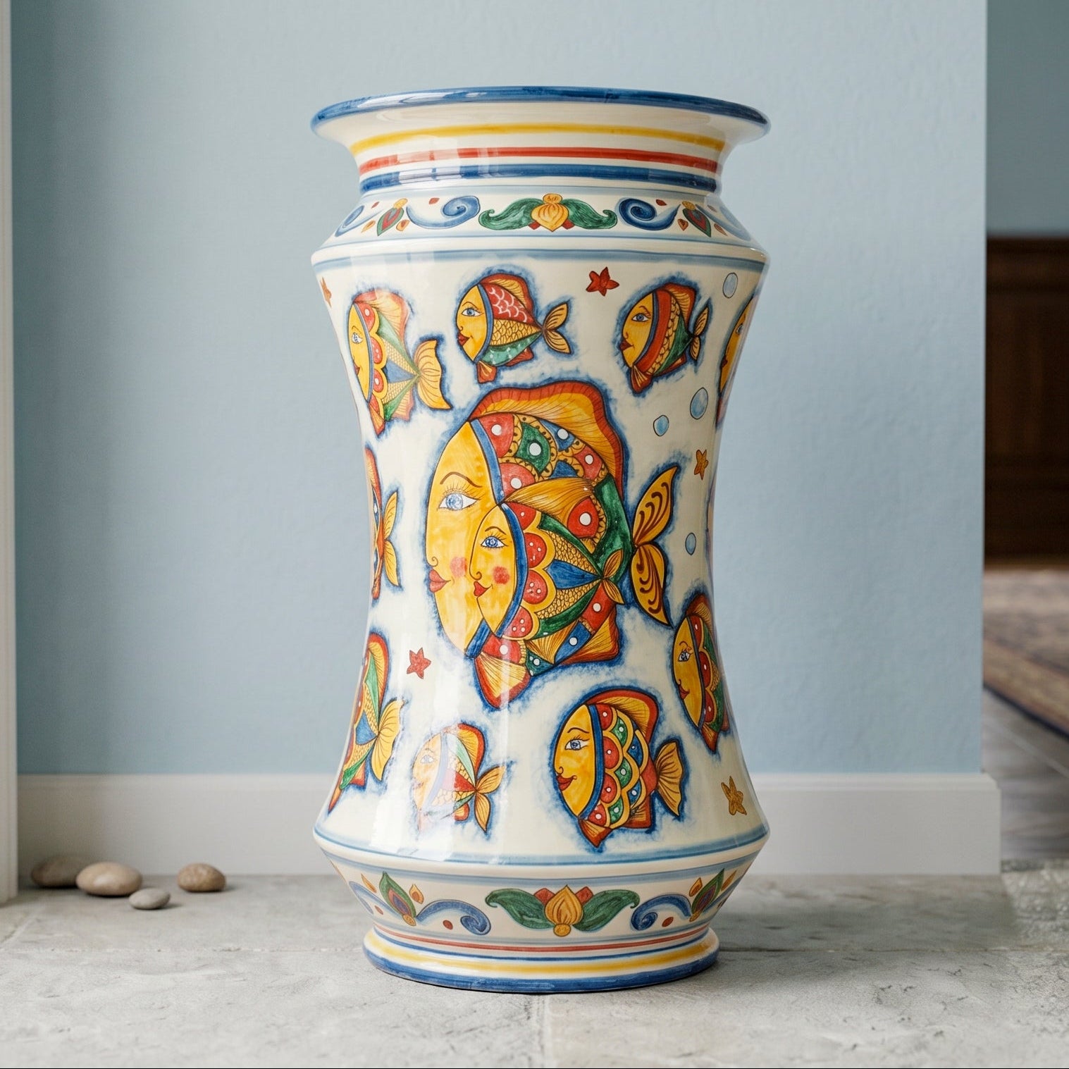 Portaombrelli Albarello in Ceramica di Caltagirone h 50 cm - Decoro Pesci