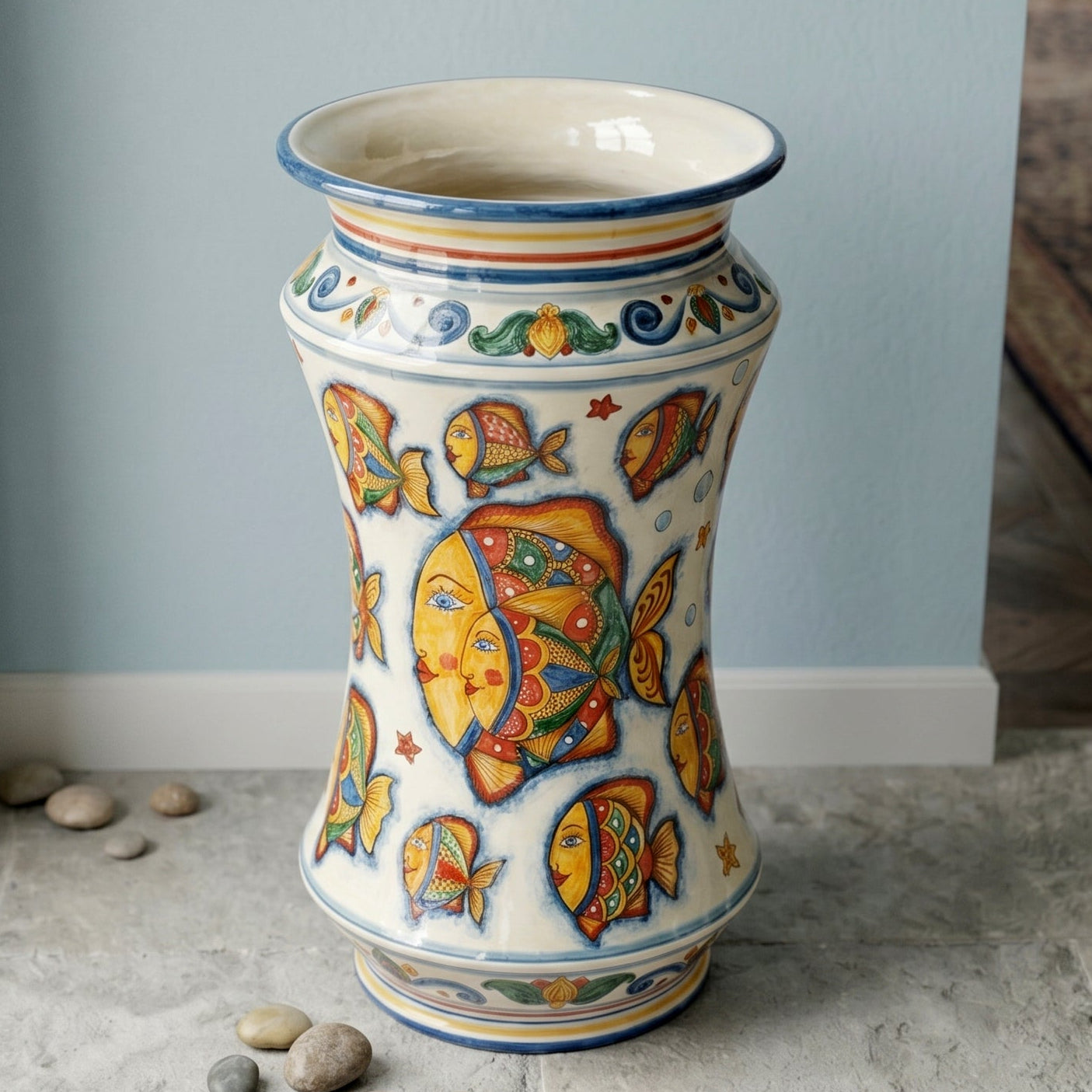 Portaombrelli Albarello in Ceramica di Caltagirone h 50 cm - Decoro Pesci