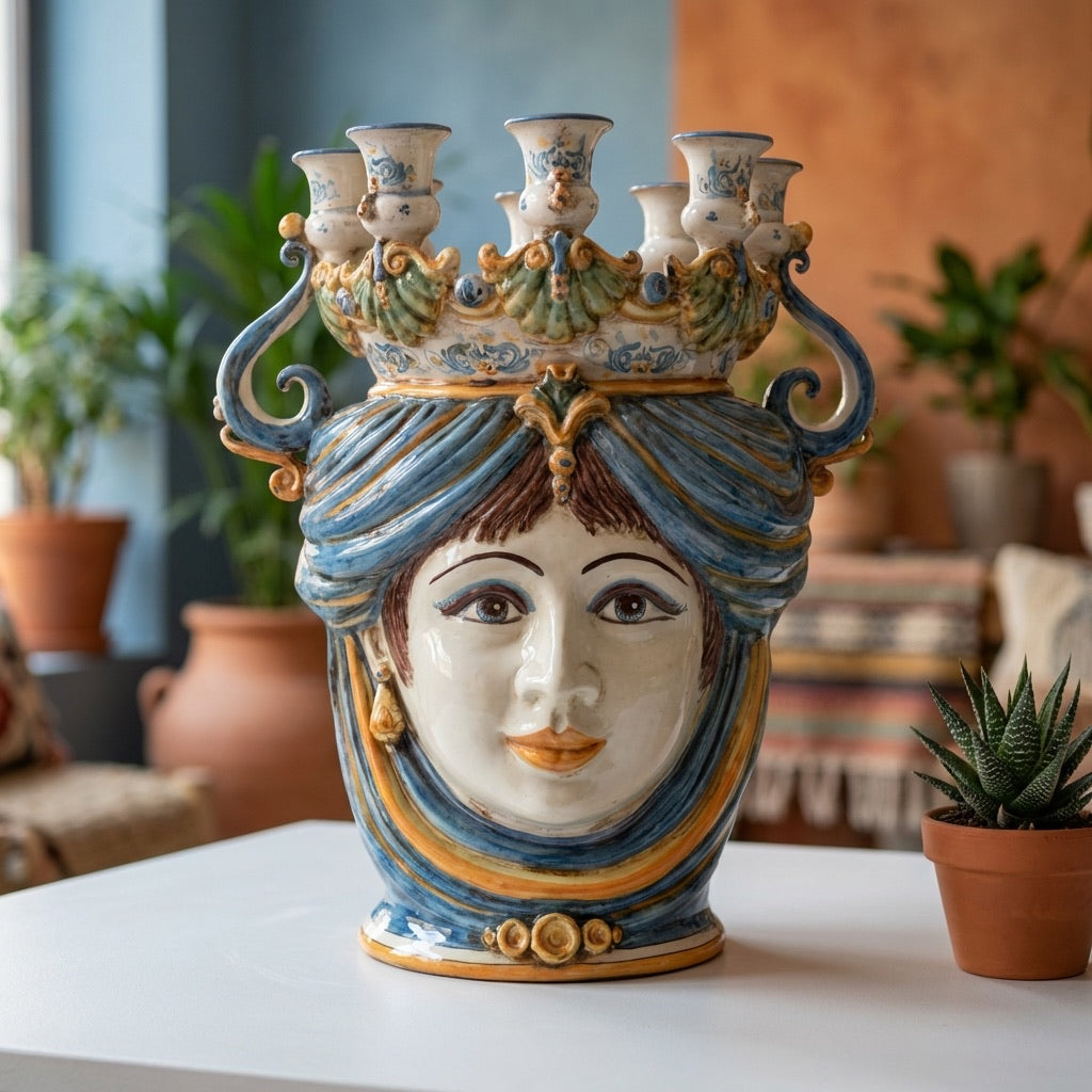 Testa di Moro a Candeliere h 40 cm - Donna, Blu e Arancio