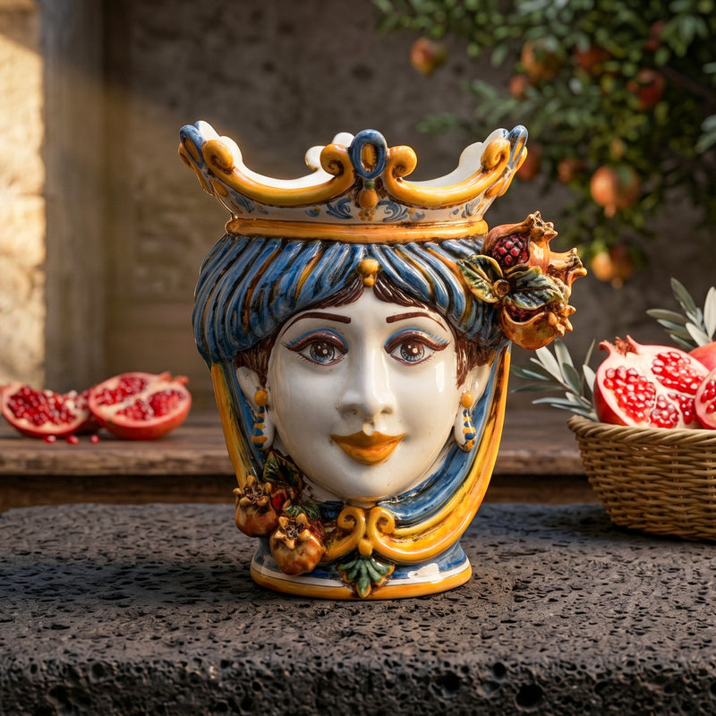 Testa di Moro con Melograni h 25 cm - Donna, Blu e Arancio