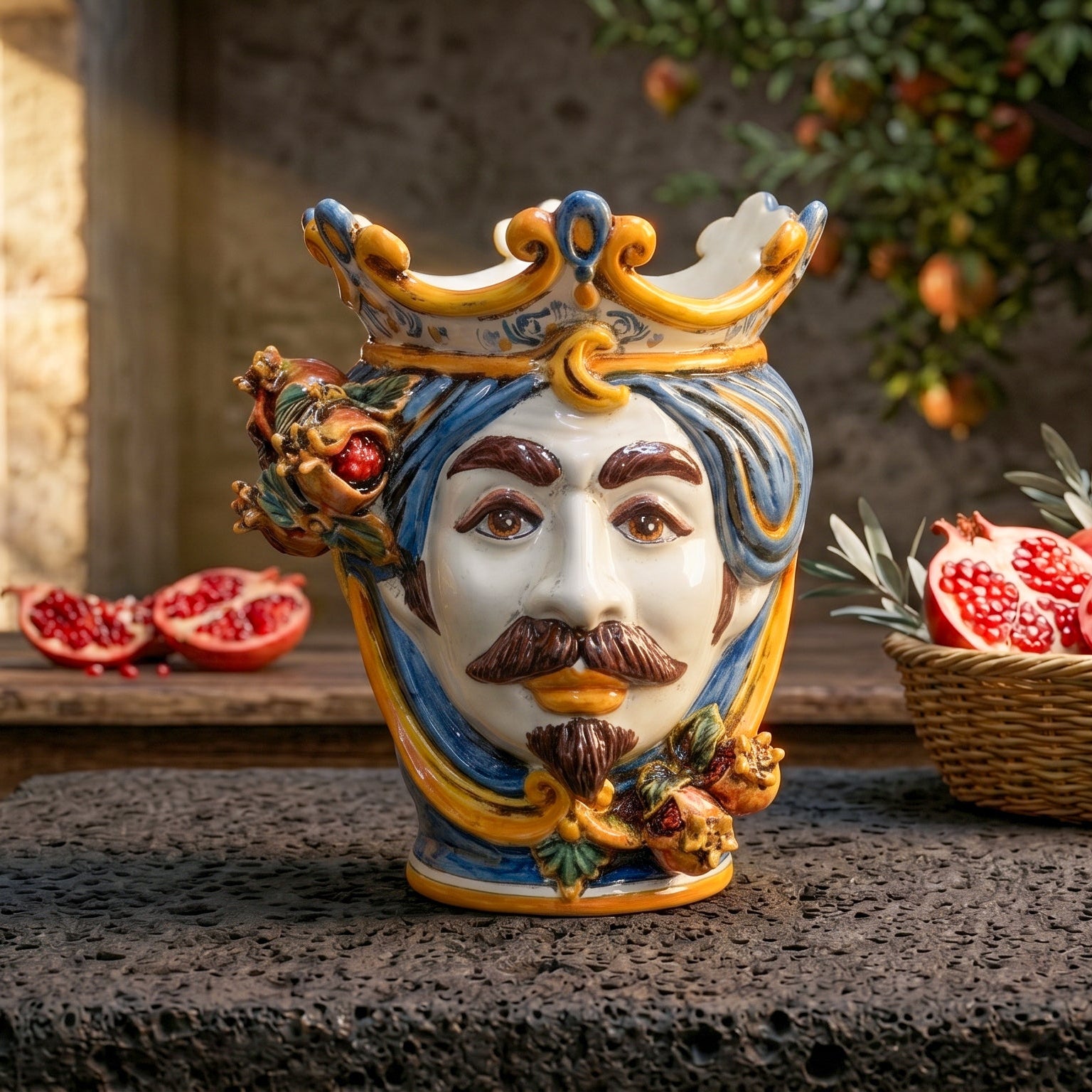 Testa di Moro con Melograni h 25 cm - Maschio Bianco, Blu e Arancio