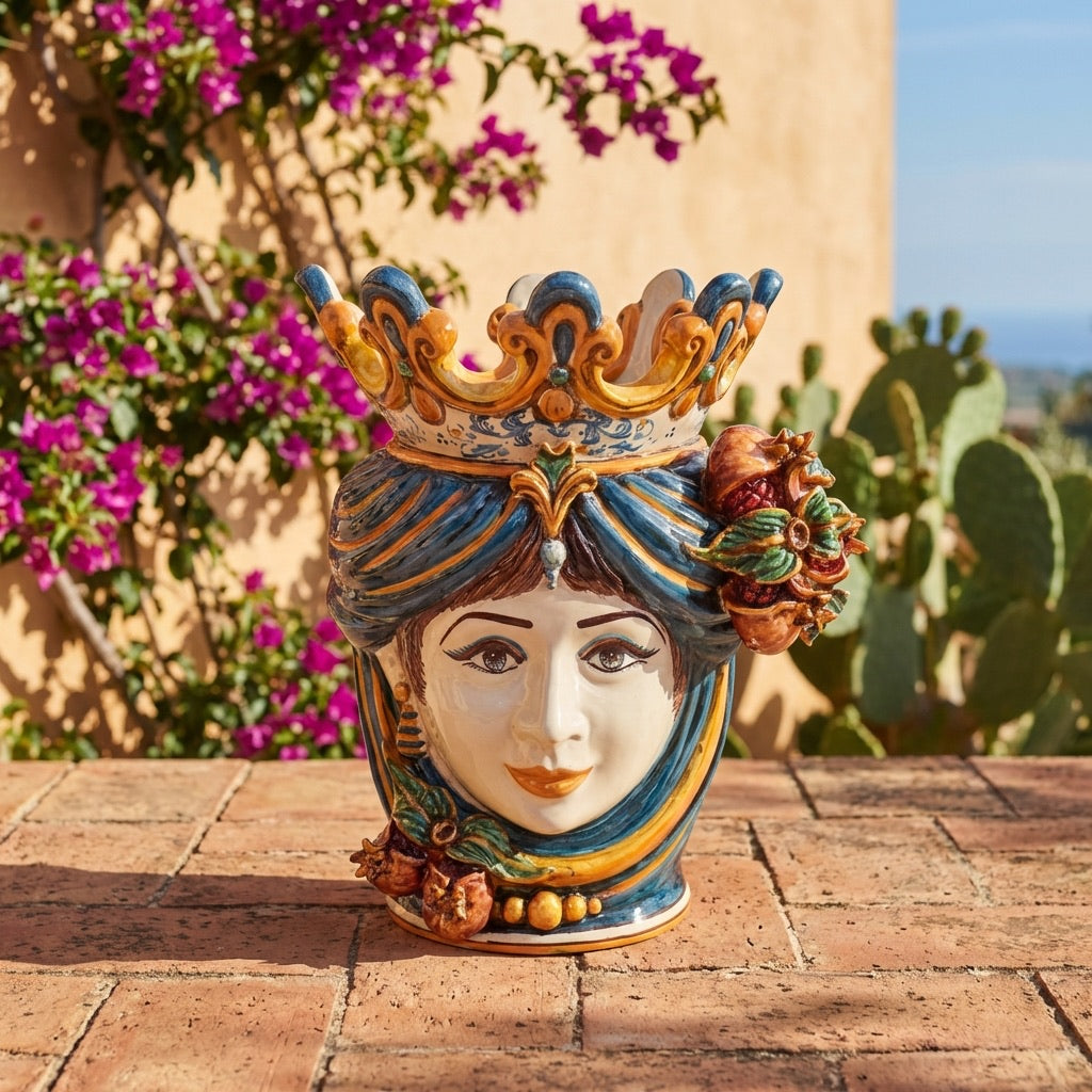 Testa di Moro con Melograni h 40 cm - Donna, Blu e Arancio