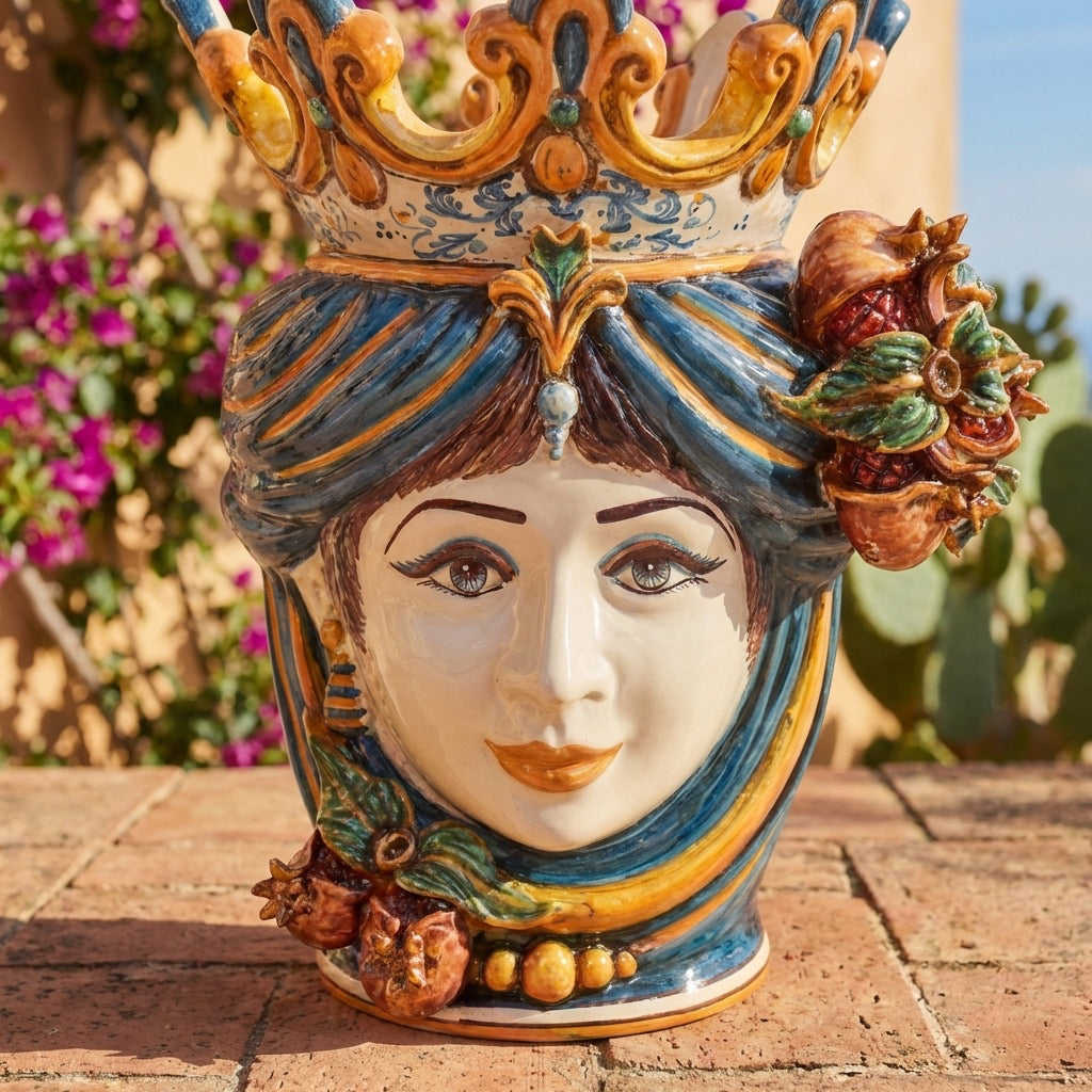 Testa di Moro con Melograni h 40 cm - Donna, Blu e Arancio