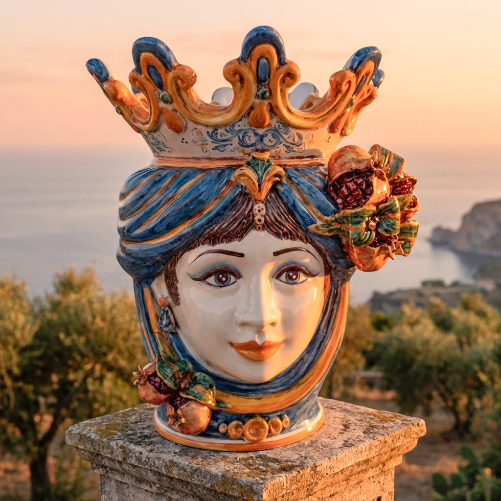 Testa di Moro con Melograni h 40 cm - Donna, Blu e Arancio