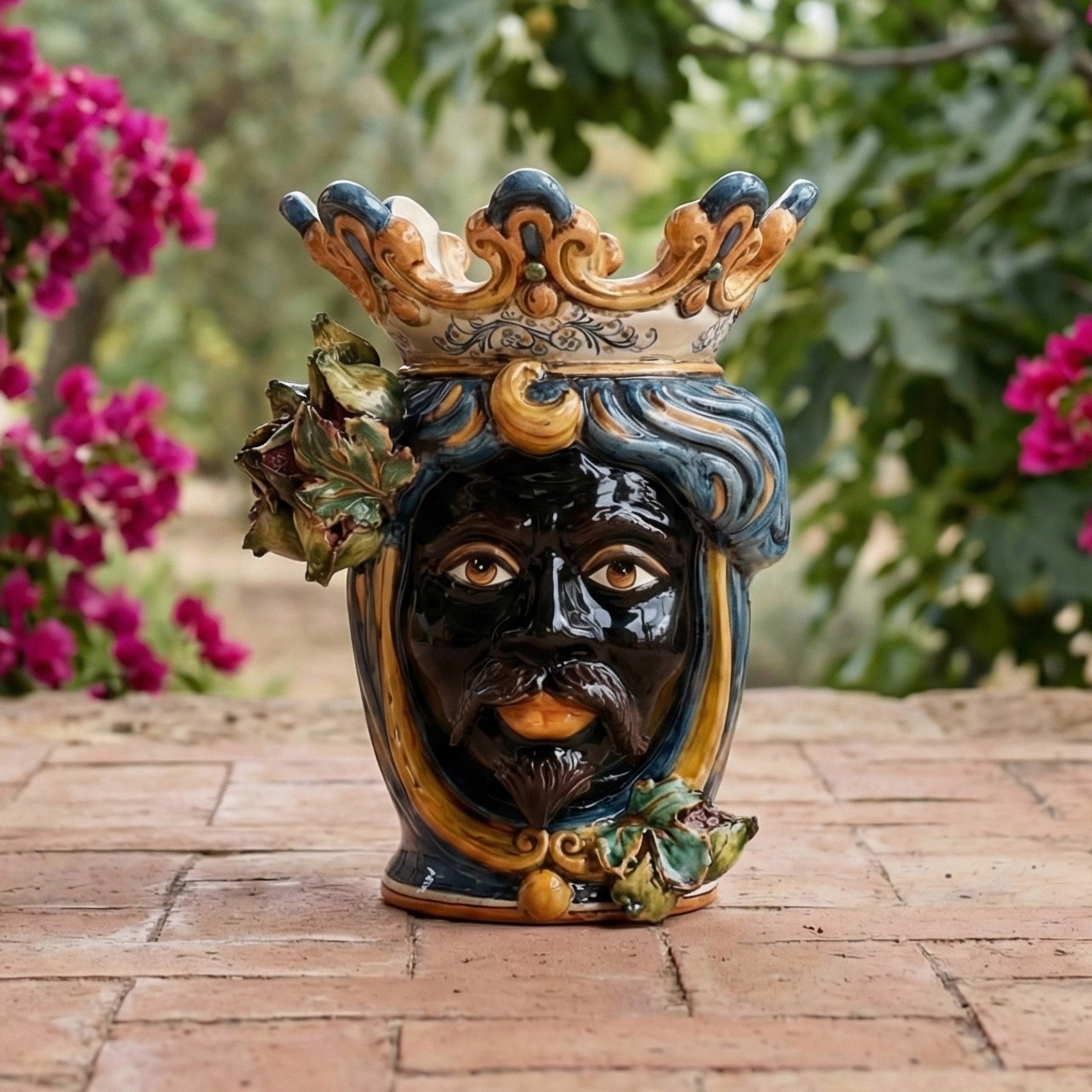 Testa di Moro con Fichi d'India h 40 cm - Maschio Moro, Blu e Arancio