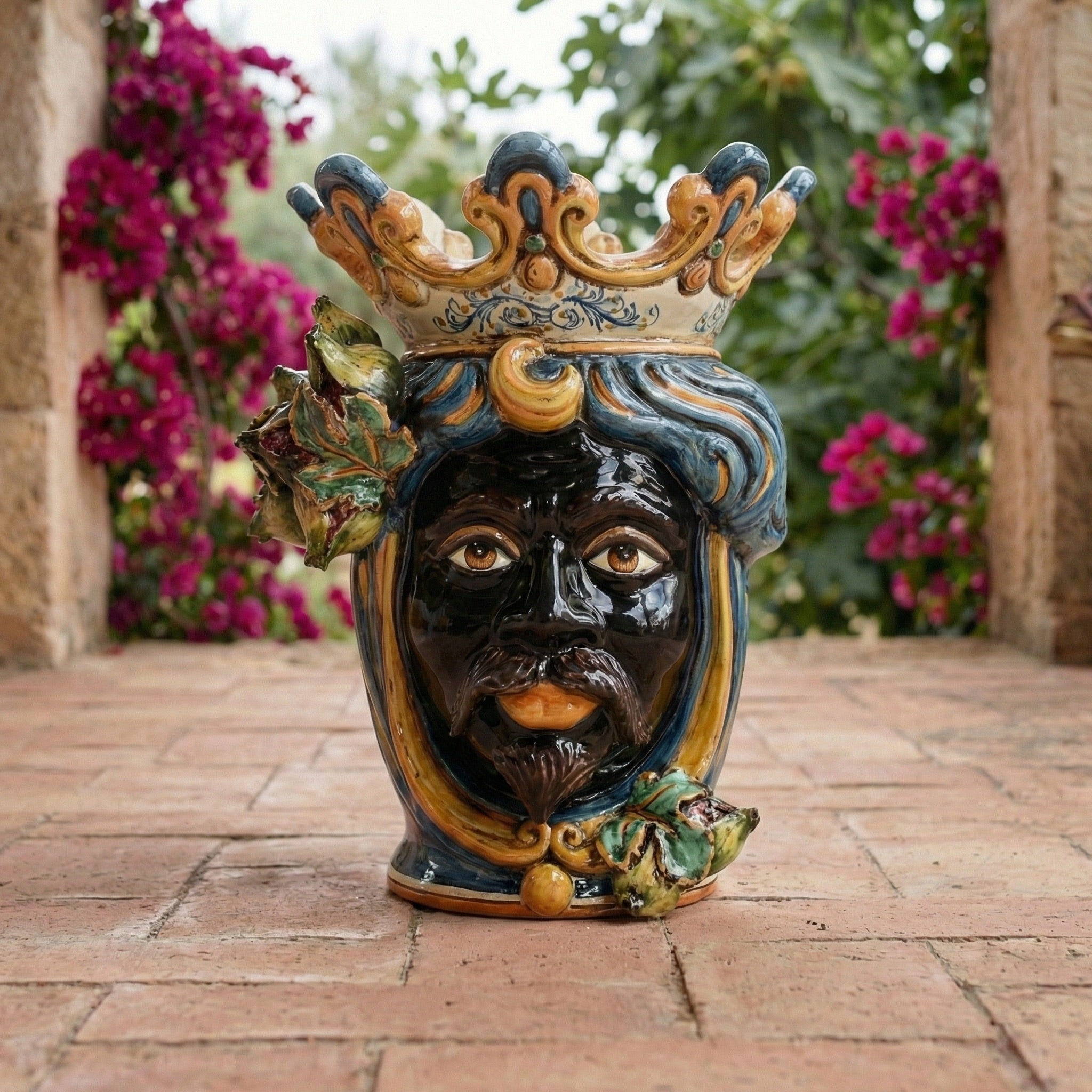 Testa di Moro con Fichi d'India h 40 cm - Maschio Moro, Blu e Arancio