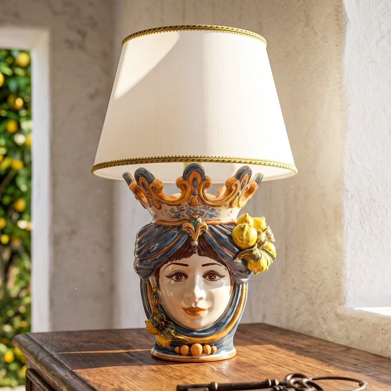 Lume a Testa con Limoni h 70 cm (ceramica h 40 cm, Paralume in Tessuto Ø 45 cm) - Donna, Blu e Arancio