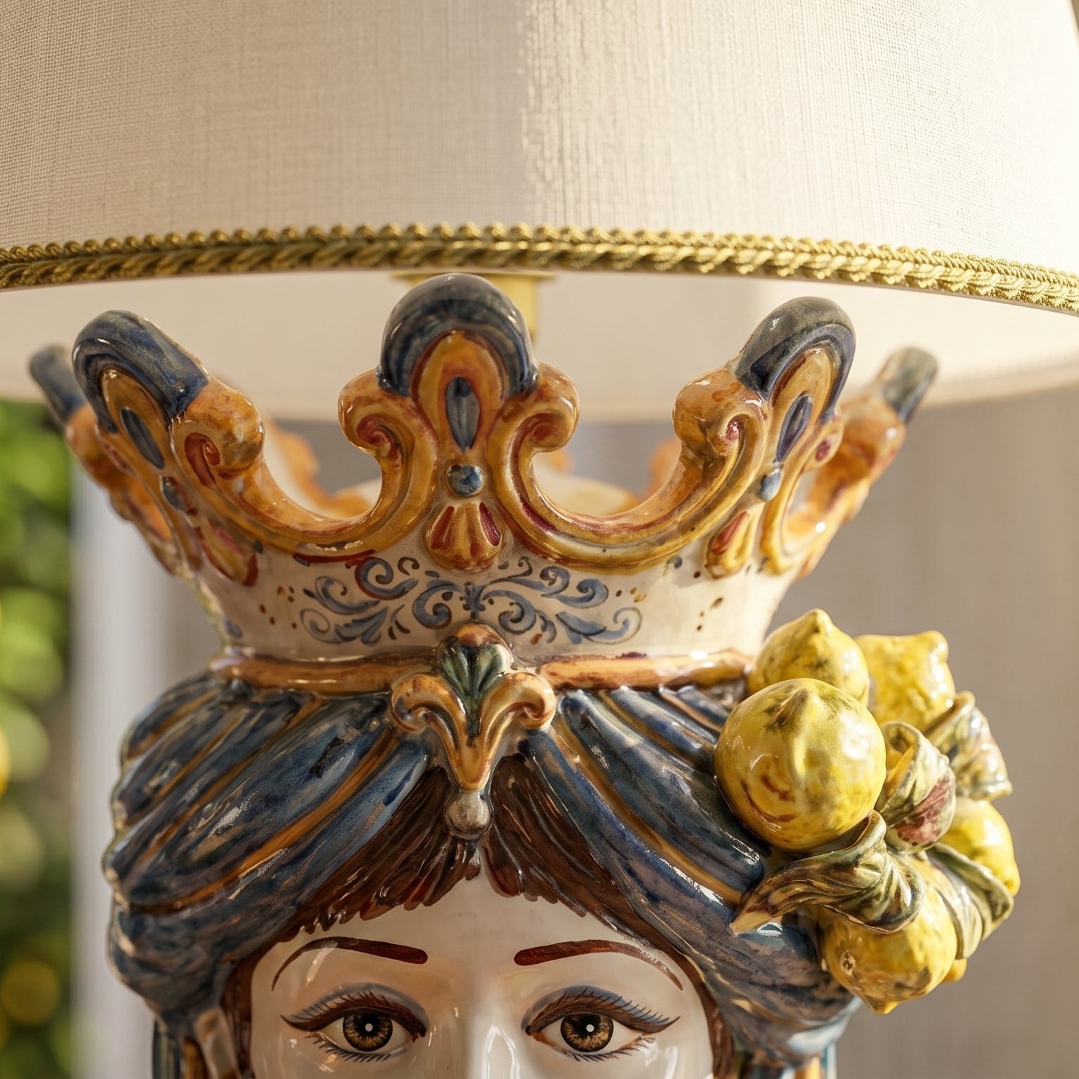 Lume a Testa con Limoni h 70 cm (ceramica h 40 cm, Paralume in Tessuto Ø 45 cm) - Donna, Blu e Arancio