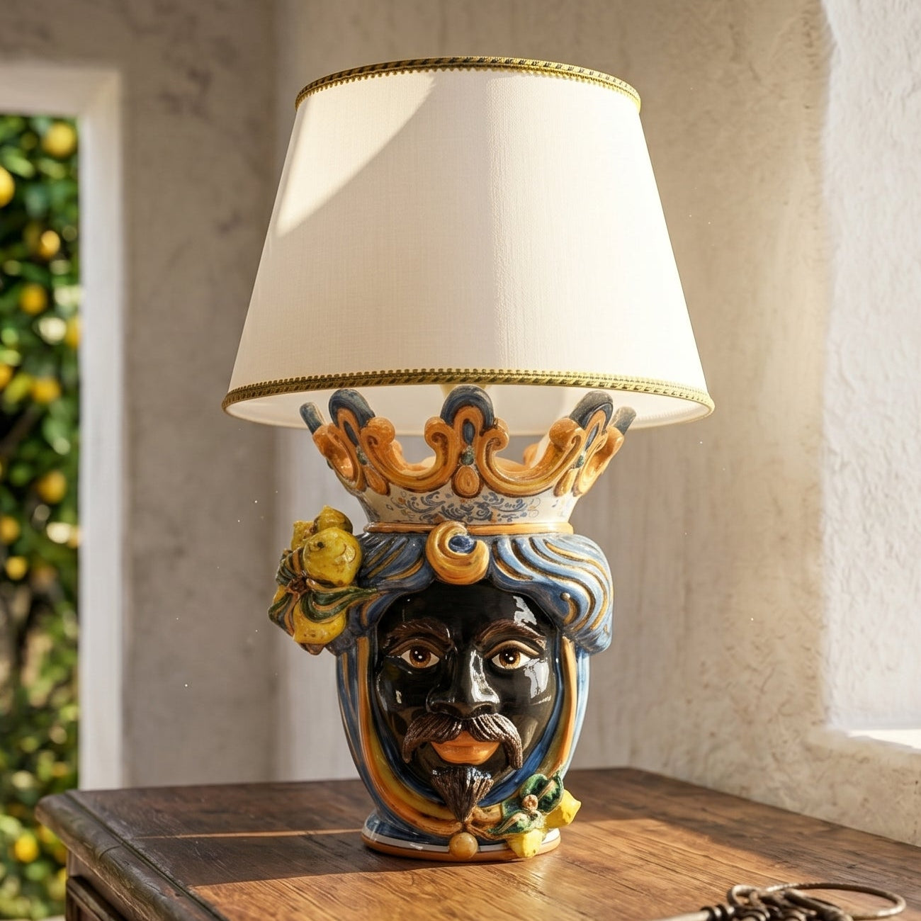 Lume a Testa con Limoni h 70 cm (ceramica h 40 cm, Paralume in Tessuto Ø 45 cm) - Maschio Moro, Blu e Arancio